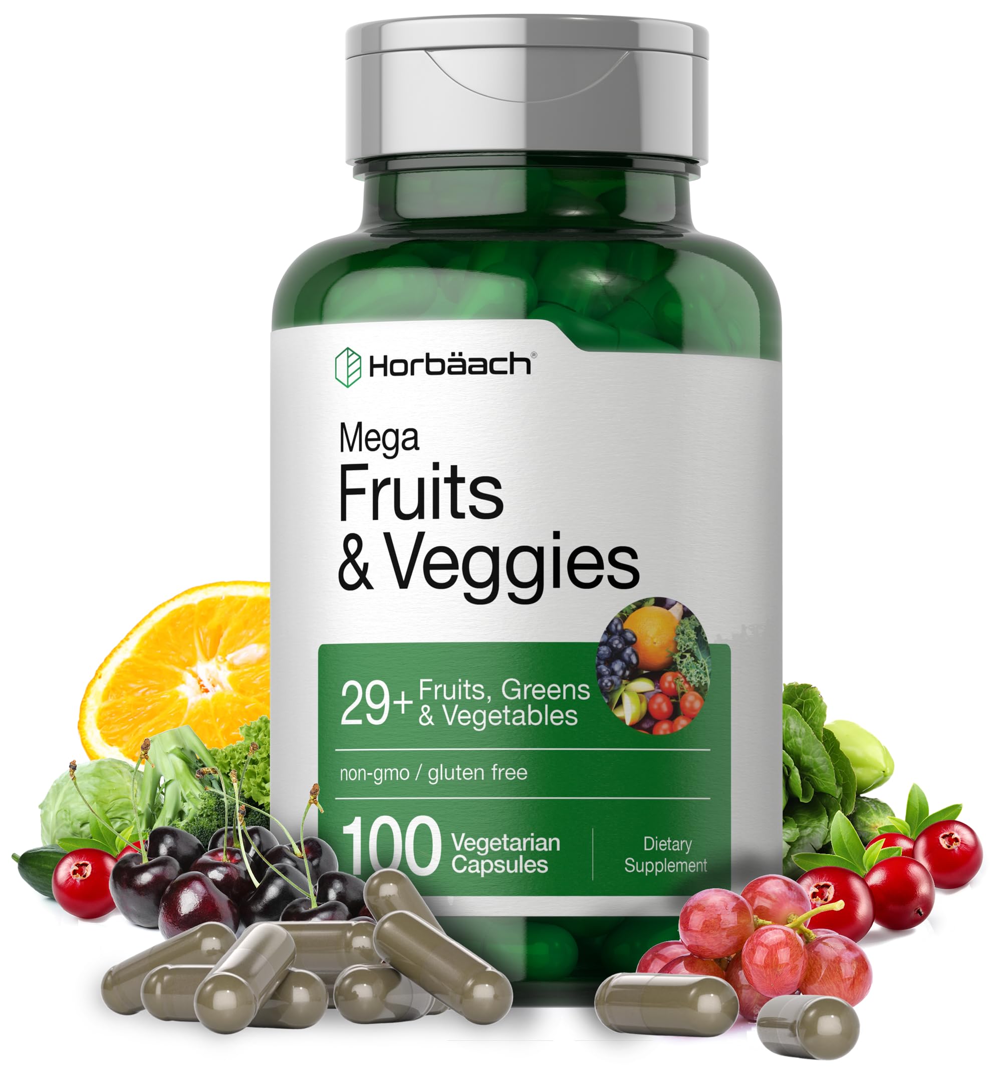 Horbäach Mega Fruits and Veggies Supplement | 100 Capsules | Vegetarian, Non-GMO and Gluten Free HorbäachAu supplements