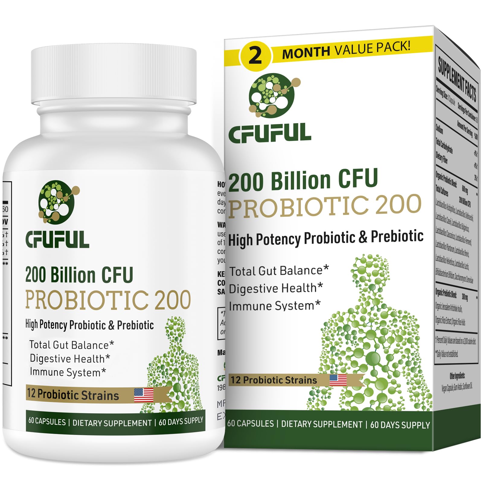 Probiotics for Women & Men, 200 Billion CFU 12 Strains with 3 Organic Prebiotics and Probiotics for Digestive Health Gut, Immune, Bloating & Gas, Energy, Overall Health, Shelf Stable - 2 Month Supply CfufulAu supplements
