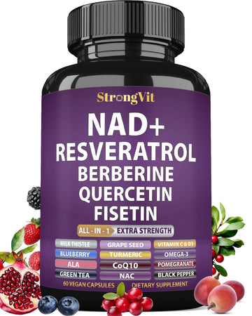 NAD Resveratrol Supplement with Berberine, Quercetin, CoQ10. Anti-Aging Formula for Women & Men. Liposomal NAD Plus, NAD+ Booster, Pure Organic Vitamin, USA StrongVitAu supplements