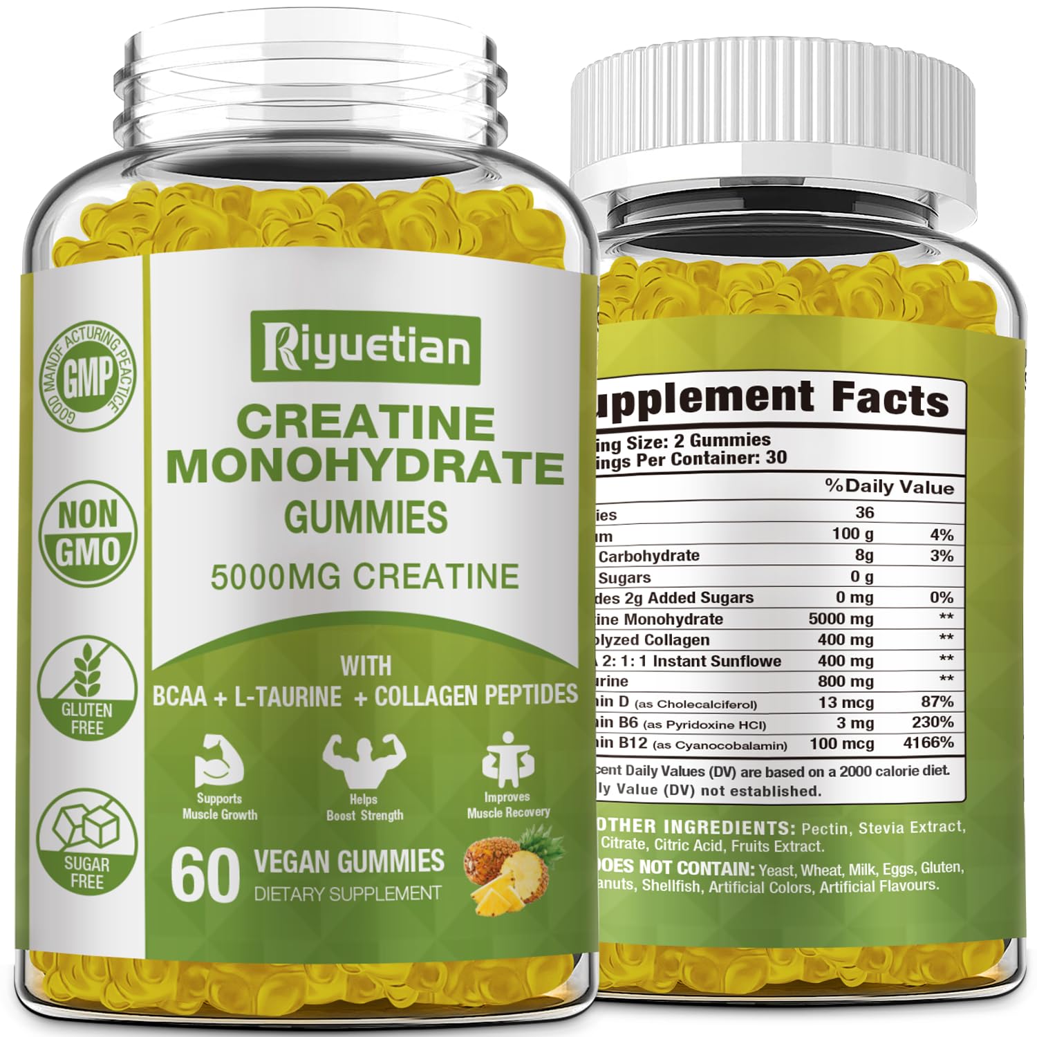 Riyuetian Creatine Monohydrate Gummies, Creatine for Men & Women, Chewable Creatine for Enhancing Focus and Endurance, 5g Creatine per Serving, Sugar-Free, 60 Count RiyuetianAu supplements