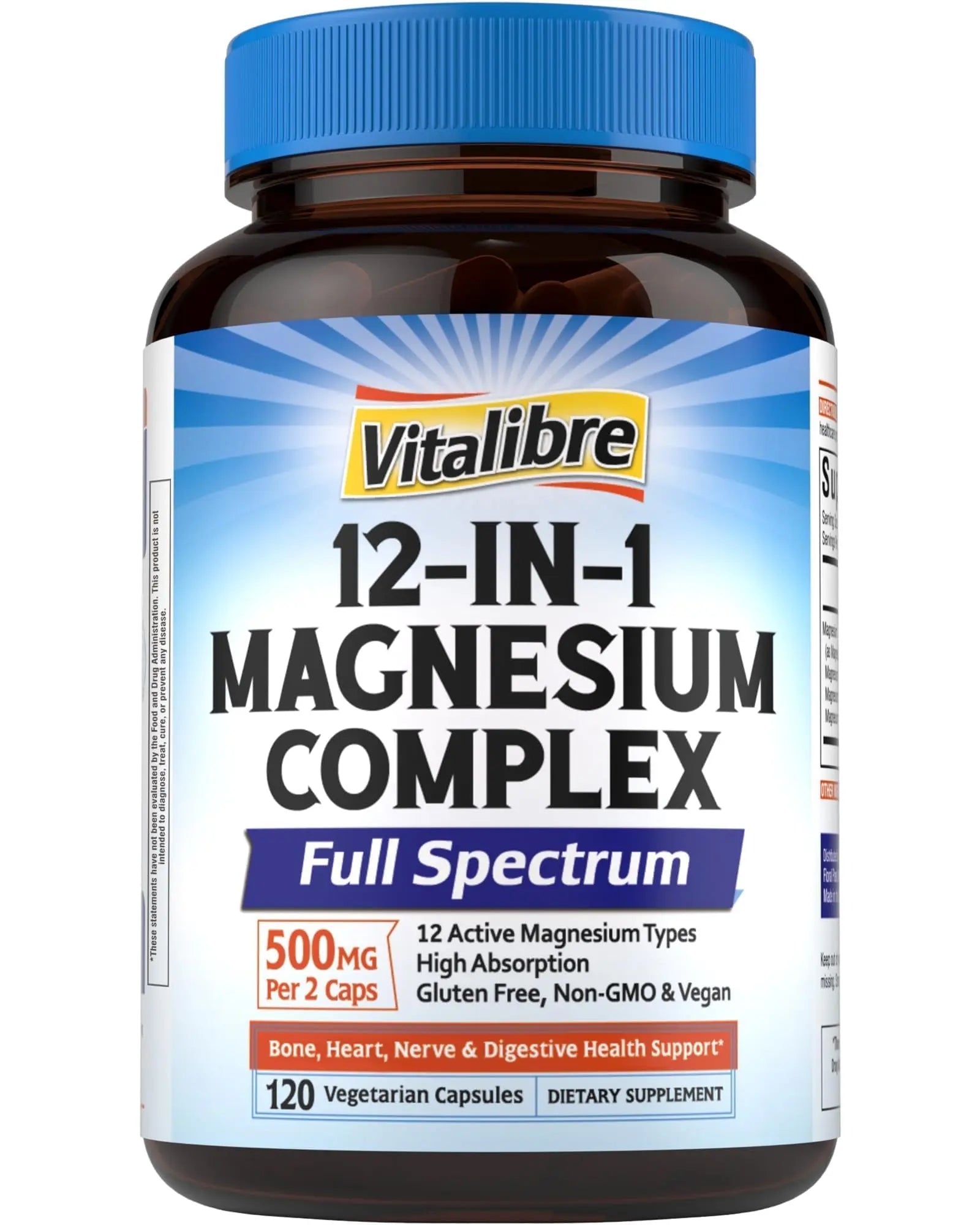 Vitalibre 12 in 1 Magnesium Complex Supplement 500mg | Max Absorption Chelated Magnesium Glycinate Citrate Malate & More for Bone, Nerve & Digestive Support | Non-GMO Vegan Capsules (120 Count) VitalibreAu supplements