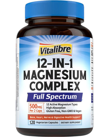 Vitalibre 12 in 1 Magnesium Complex Supplement 500mg | Max Absorption Chelated Magnesium Glycinate Citrate Malate & More for Bone, Nerve & Digestive Support | Non-GMO Vegan Capsules (120 Count) VitalibreAu supplements