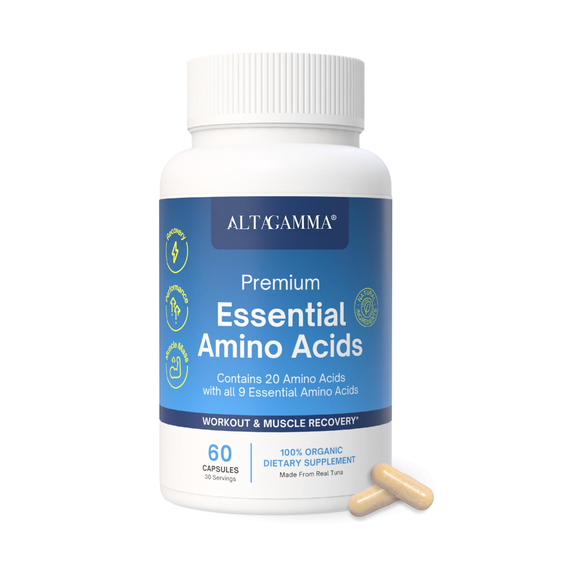 ALTAGAMMA Pure Amino Acids Complex - Protein for Pre/Post Workout, Energy & Muscle Recovery - 9 Essential Amino Acids Supplement (EAA) & BCAAs - Leucine, Lysine, L Tyrosine, L Arginine, 60 Capsules ALTAGAMMAAu supplements