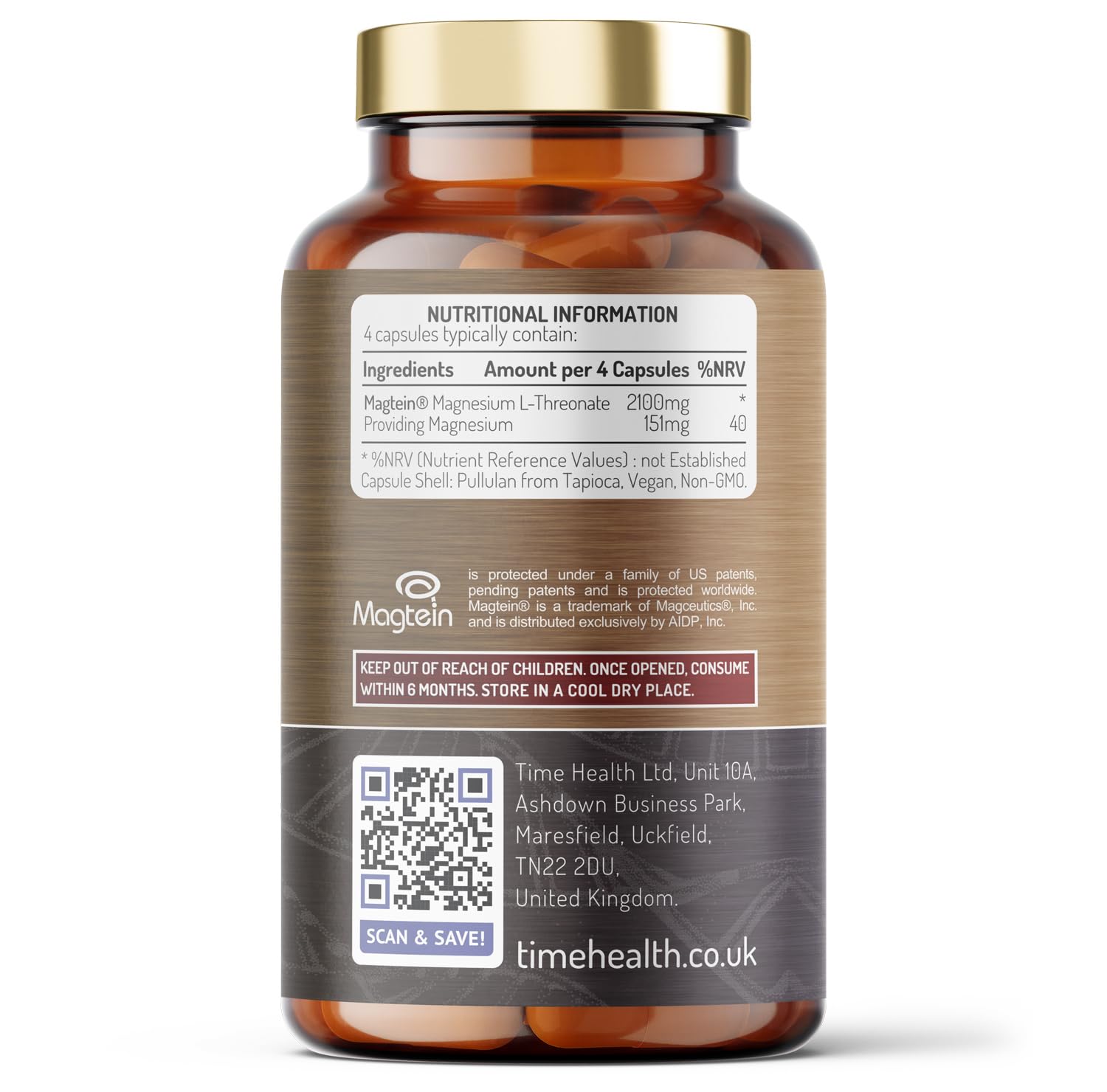 Magtein® Magnesium – 120 Capsules – High Strength 2100mg – Highly Bioavailable Time HealthUS supplements