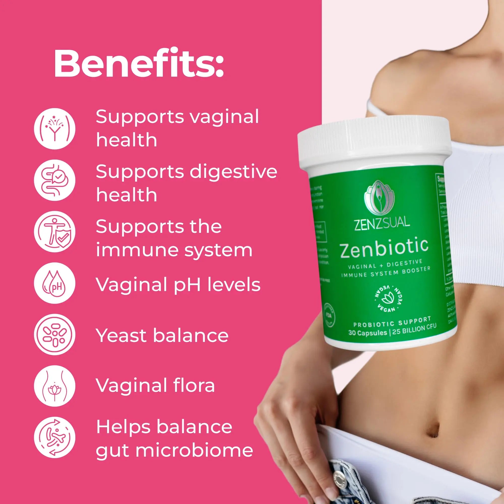 ZENZSUAL Zenbiotic Probiotics Support for Women – 25 Billion CFU, Vaginal Health & pH Balance Support, Odor & Yeast Control, Gut & Digestive Health, Urinary Comfort, Hormone Balance, 30 Vegan Capsules ZENZSUALnz supplements