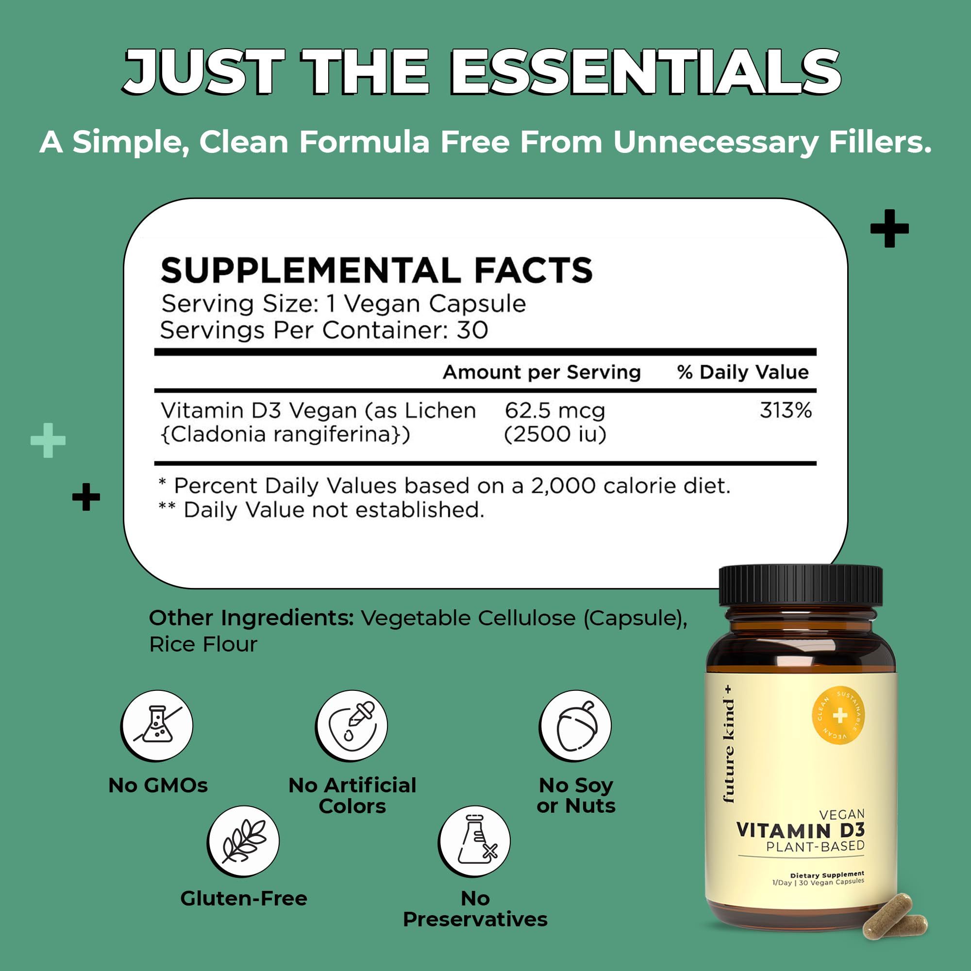 Future Kind Vitamin D3 2500 IU for Bone and Muscle Function, Vitamin D Vegan Supplement from Plant Lichen, Non-GMO, Sugar Free, Pure Vitamin D3, Promotes Natural Resilience, 30 Capsules Future KindAu supplements