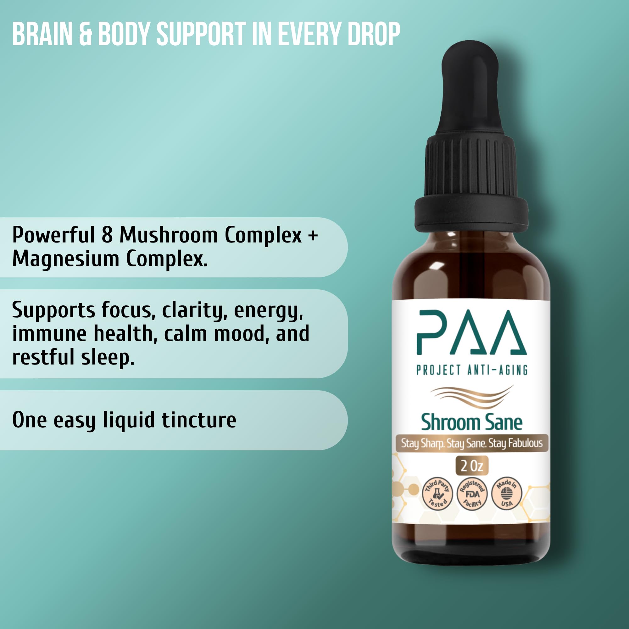 Project Anti-Aging Shroom Sane Liquid Drops with Lion’s Mane Mushroom Supplement Drops – 8 Mushroom Complex Tincture with Reishi, Cordyceps, Turkey Tail & Magnesium – USDA Organic, Vegan, Project Anti-AgingAu supplements