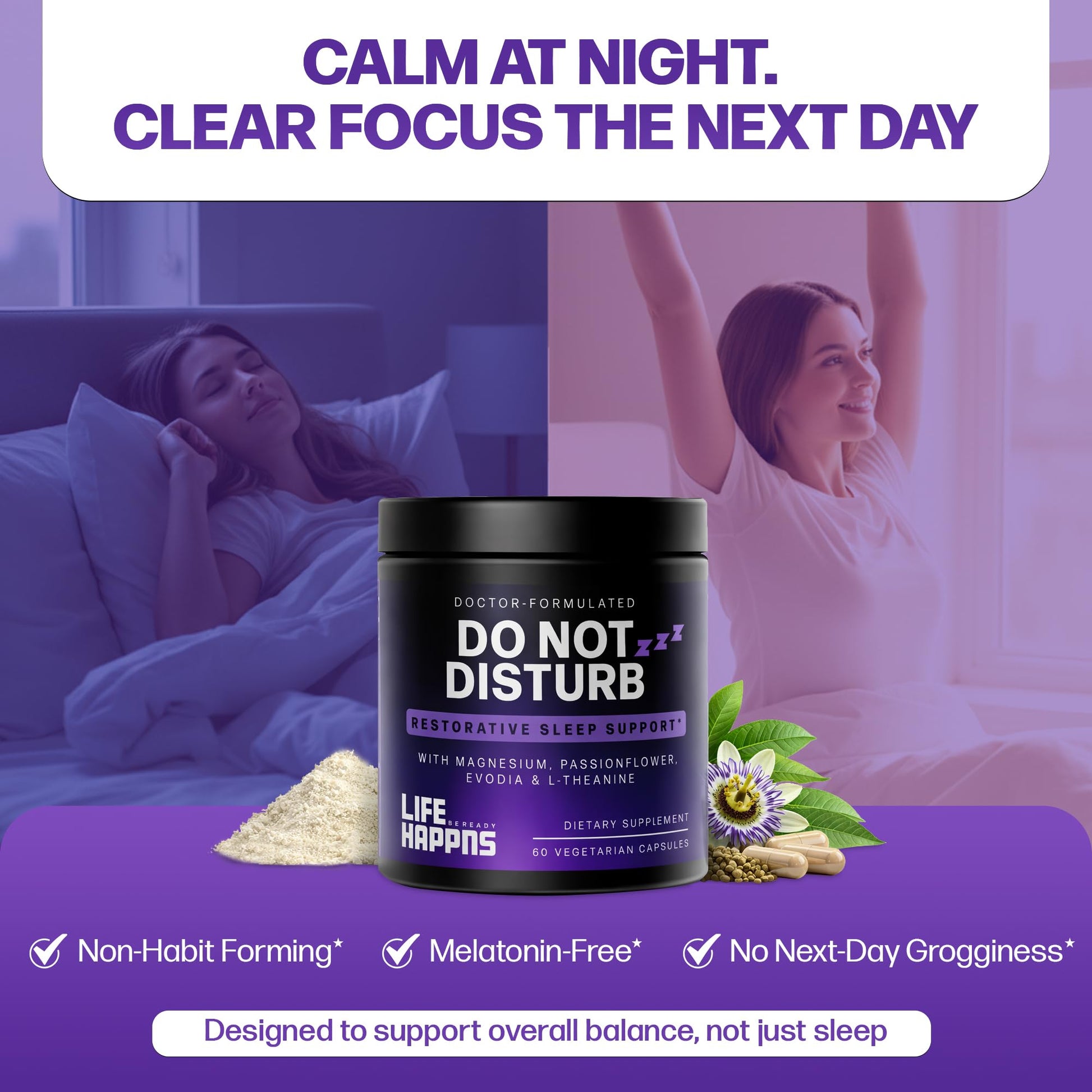 Doctor Formulated Triple Magnesium for Sleep, Calm & Relaxation with Chelated Magnesium Glycinate, L-Theanine, Passionflower & Evodia – Non-Habit, No Melatonin Magnesium Sleep Aid Support Supplement LIFE HAPPNS BE READYAu supplements
