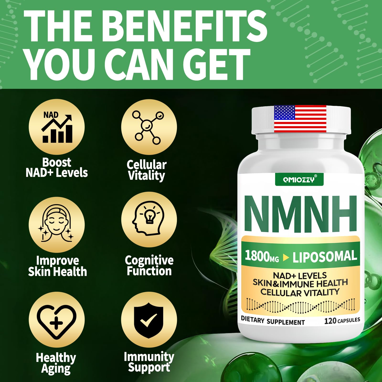 NMNH Supplement 1000mg - Nicotinamide Mononucleotide Alternative, Boost NAD+ with Liposomal Resveratrol & Nicotinamide Riboside NR, for Healthy Cellular, Aging, Energy, 120 Vegan Non-GMO Capsules QmiozzyAu supplements