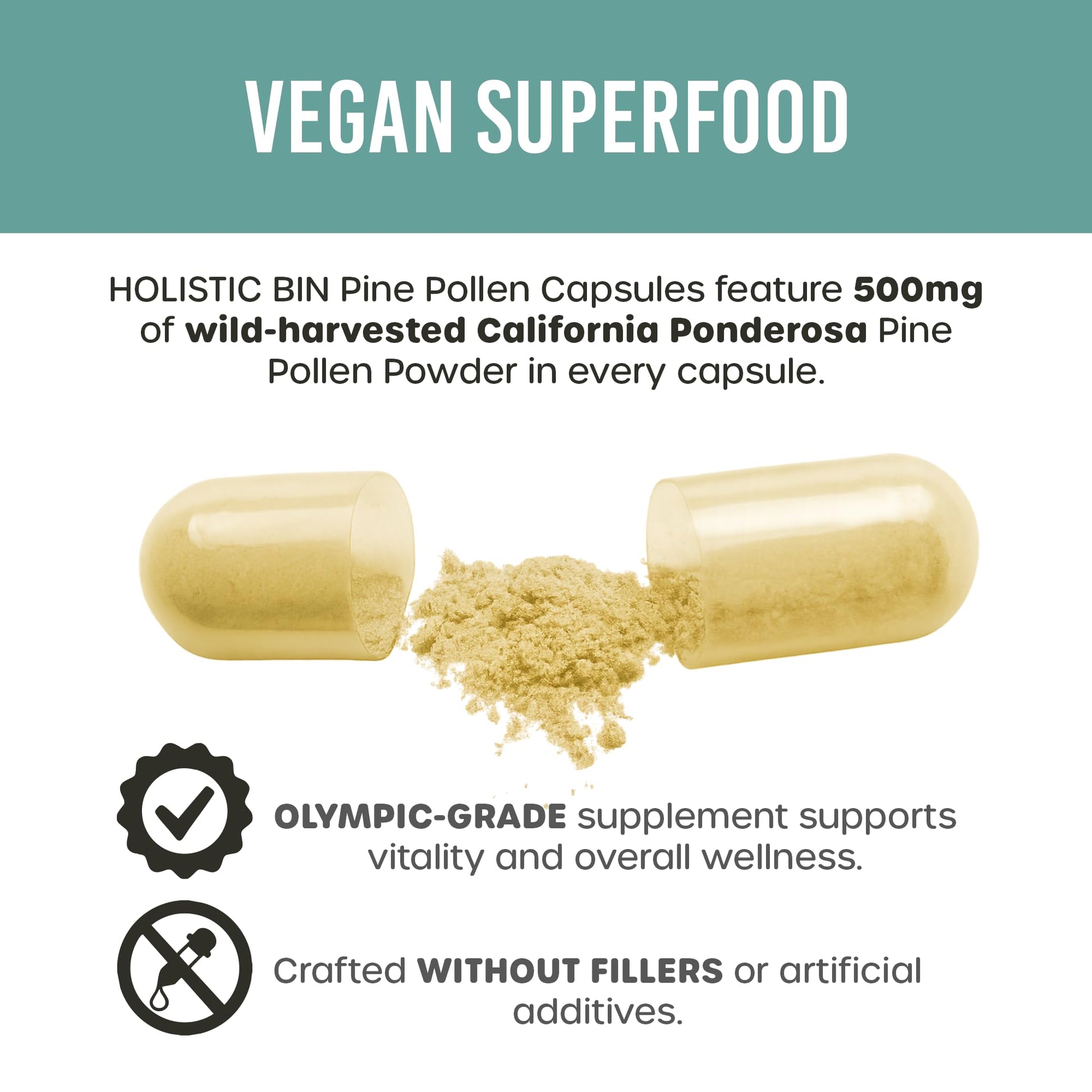 Holistic Bin Pine Pollen Capsules 500mg (Pinus Ponderosa) - Wild Harvested California Ponderosa Pine Pollen Powder - Olympic Grade - Organic, Non-GMO, No Fillers - 30 Day Supply (40 Capsules) Holistic BinAu supplements