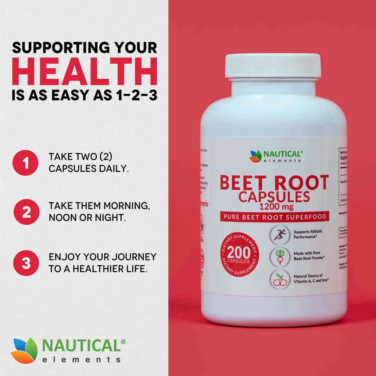 Beet Root Capsules - 1200mg Per Serving - 200 Beet Root Powder Capsules - Beetroot Powder Supports Blood Pressure, Athletic Performance, Digestive Nautical ElementsUS supplements