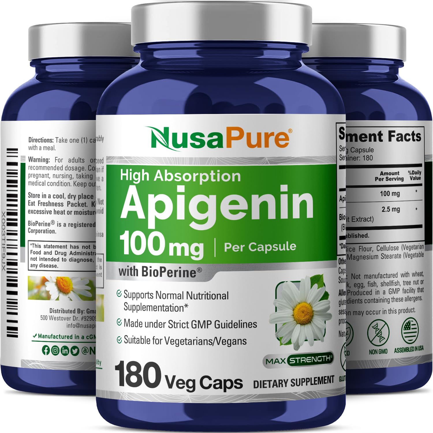 NusaPure Apigenin 100 mg per Capsule 180 Vcaps - Bioperine (Non-GMO, Gluten Free) NusaPureAu supplements