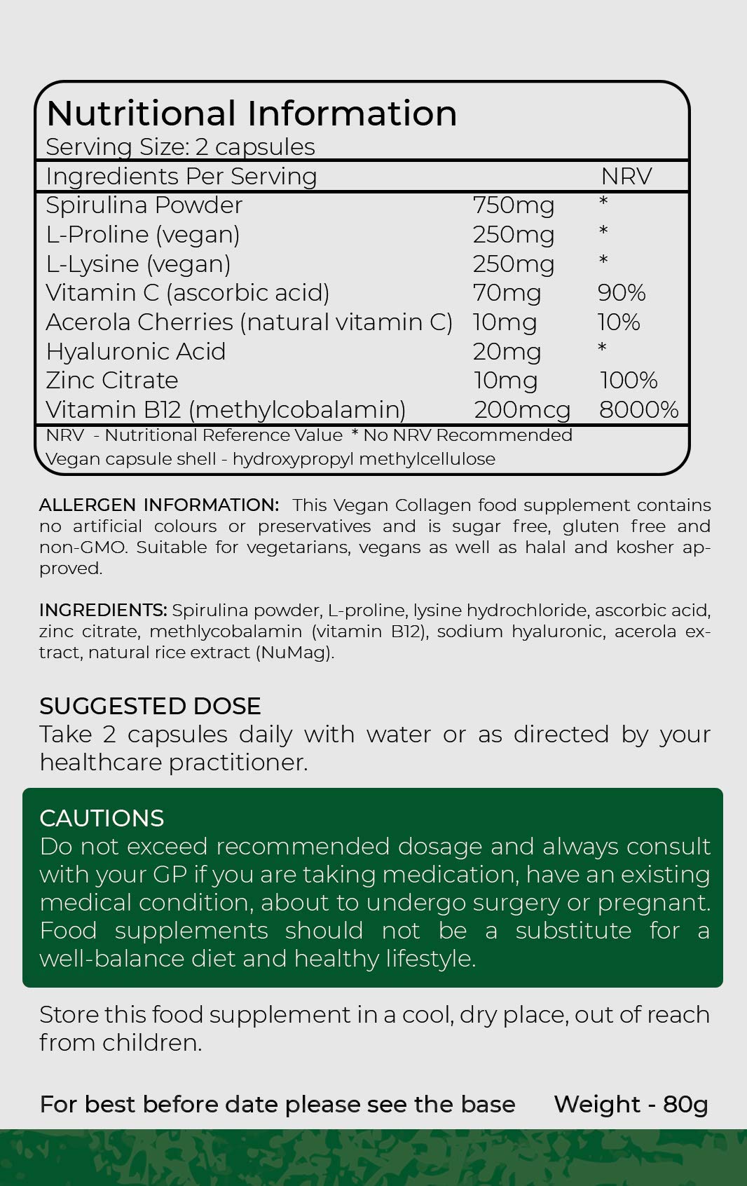 Vegan Collagen Supplement - 1400mg, Spirulina, L-Lysine, L-Proline, Acerola Cherries , Vitamin C & B12, Zinc, Hyaluronic Acid, UK Made D Direct VitalityAu supplements