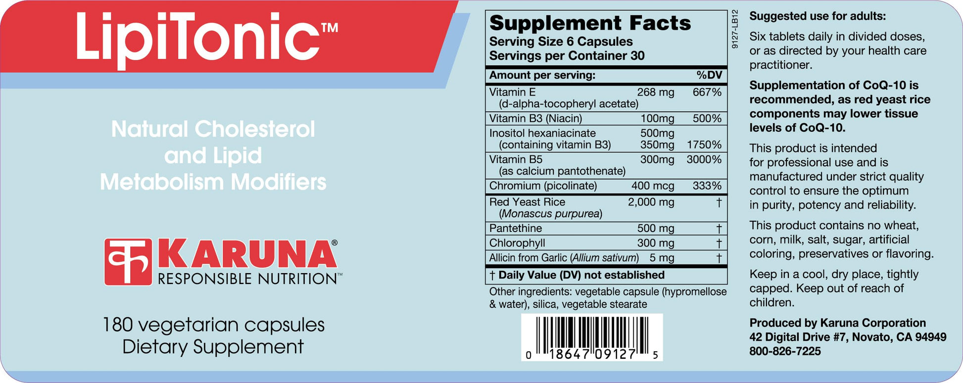 Karuna Lipitonic - 180 Vegetarian Capsules - Blend of Vitamins, Minerals, and botanicals Supporting Healthy Cholesterol Levels Already in the Normal Range and Promote Healthy lipid Metabolism KarunaAu supplements