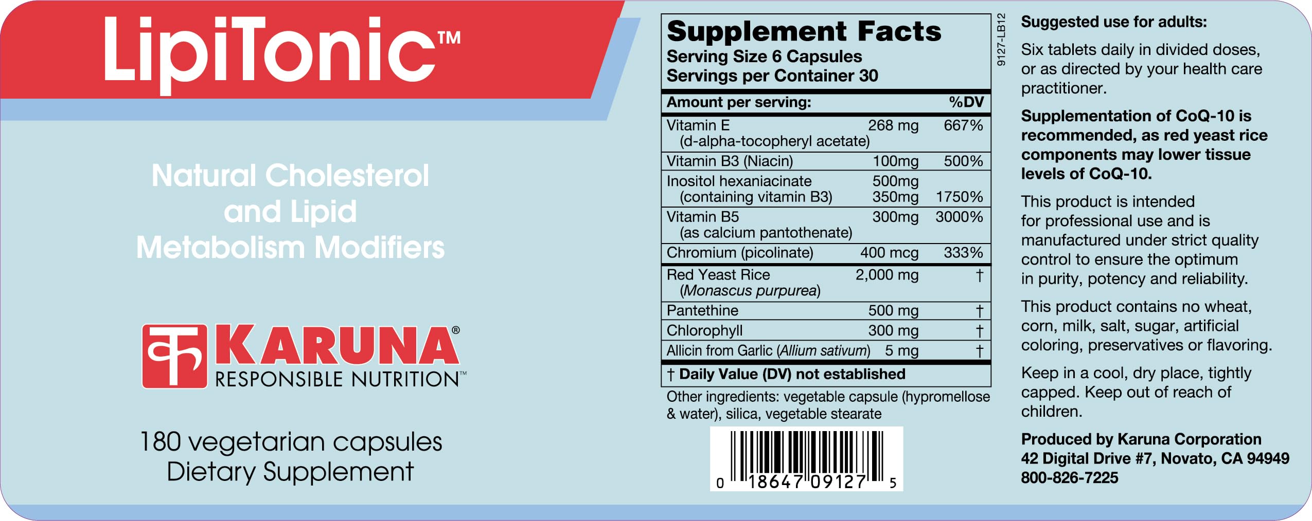 Karuna Lipitonic - 180 Vegetarian Capsules - Blend of Vitamins, Minerals, and botanicals Supporting Healthy Cholesterol Levels Already in the Normal Range and Promote Healthy lipid Metabolism KarunaAu supplements