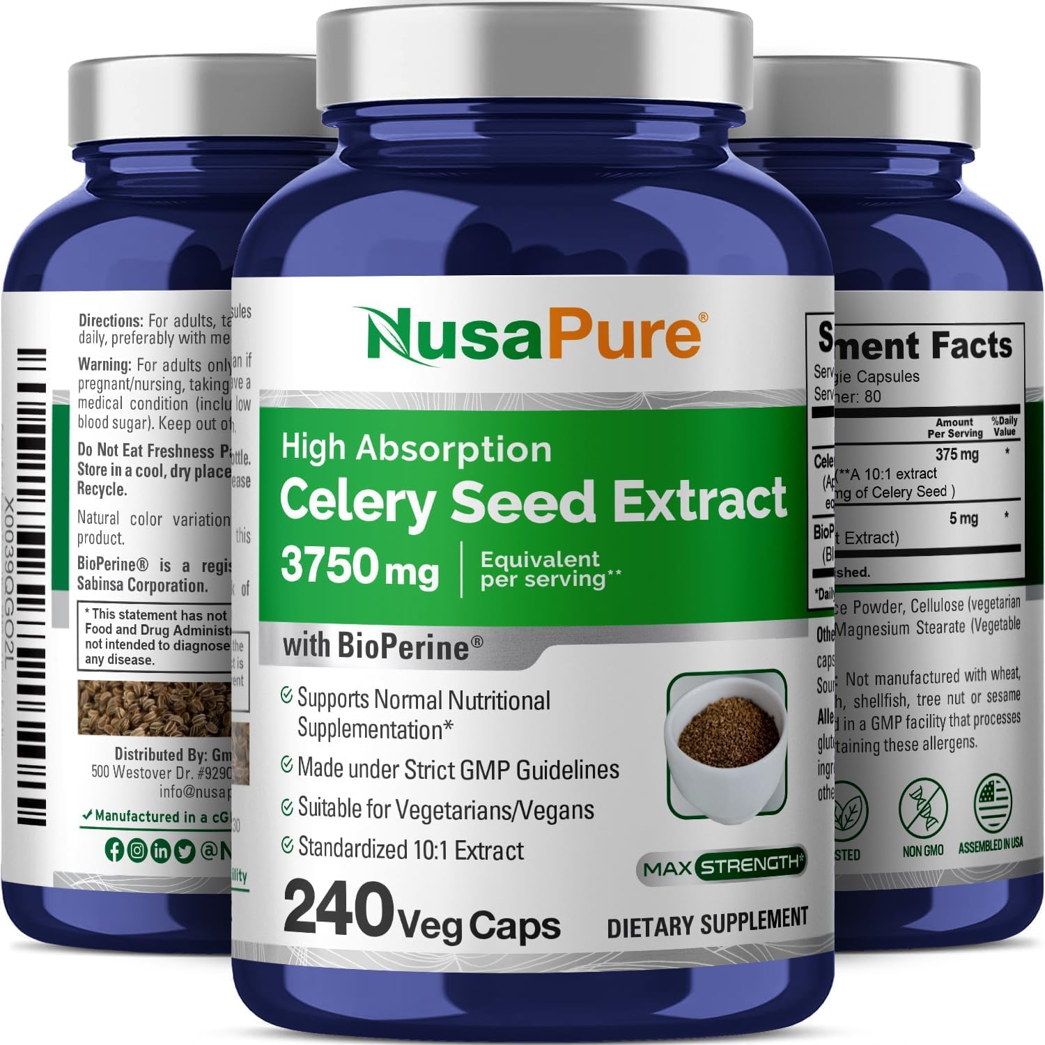 NusaPure Celery Seed Capsules 10:1 Extract, 375 mg Equivalent to 3750mg, 240 Veggie Caps, Non-GMO, Vegan NusaPureAu supplements