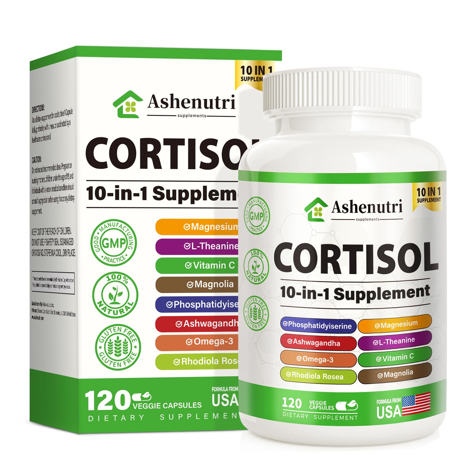 Ashenutri 10-in-1 Cortisol Supplement with Magnesium,Ashwagandha,Rhodiola Rosea,L Theanine,Hormone Balance for Women 120 Vegan Capsules AshenutriAu supplements