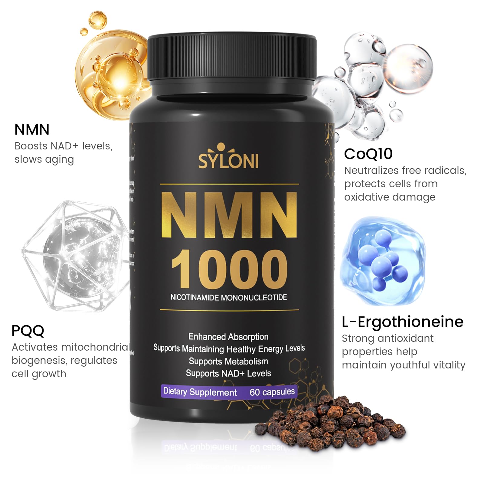 Syloni NMN Supplement 1000mg, 99% Pure NMN 4-in-1 NAD+ Booster with PQQ, CoQ10, L-Ergothioneine, 60 Capsules Nicotinamide Mononucleotide - Anti-Aging, Energy Boost, DNA Repair for Adults, Vegan SyloniAu supplements