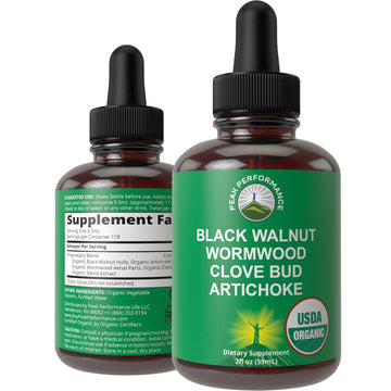 USDA Organic Wormwood Black Walnut Clove Drops Cleanse for Humans. Sugar Free Supplement for Intestinal Cleanse, Detox Support for Adults and Kids. with Artichoke and Clove Bud. Kosher, No GMOs Peak PerformanceAu supplements