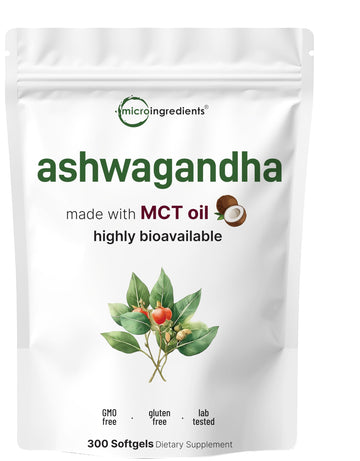Micro Ingredients Ashwagandha Supplements | 300 Coconut MCT Oil Softgels with Black Pepper for Better Absorption | Potent Root Extract | Non-GMO Micro IngredientsAu supplements