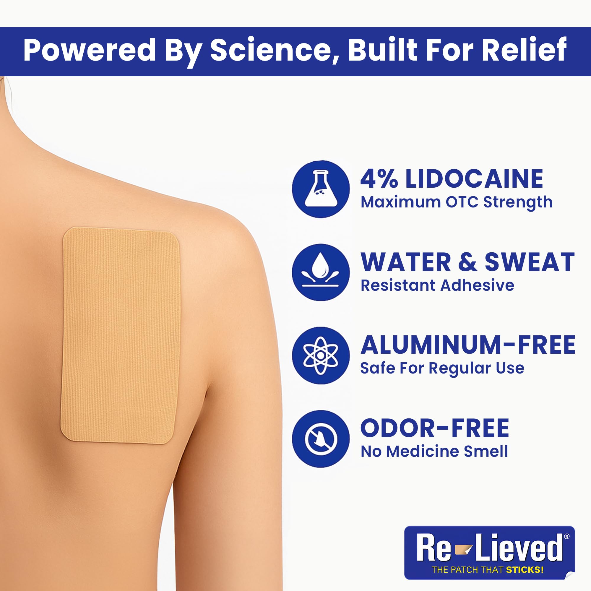 Re-Lieved 4% Lidocaine Patches Maximum Strength - Aluminum-Free, Water Resistant and USA Made -Superior Sticking Pain Relief Patches Quickly Relieves Back, Joints and Muscle Pain-3x6 Inches (31 Count) Re-lievedAu supplements