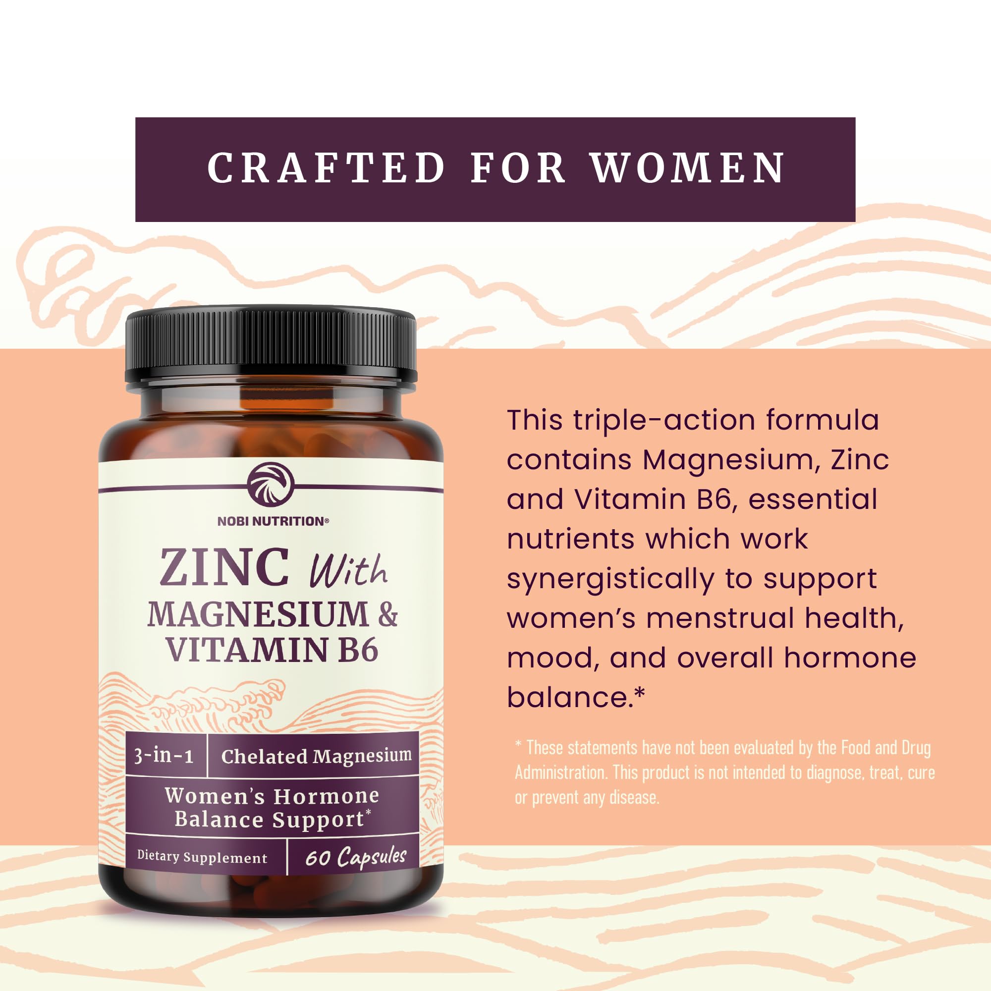 Zinc and Magnesium Supplement with Vitamin B6 | Women’s Hormone Balance, Menstrual Cycle & Immune Support | High Absorption Chelated Magnesium Glycinate with Zinc Picolinate and VIT B6 | 60 Ct Nobi NutritionAu supplements