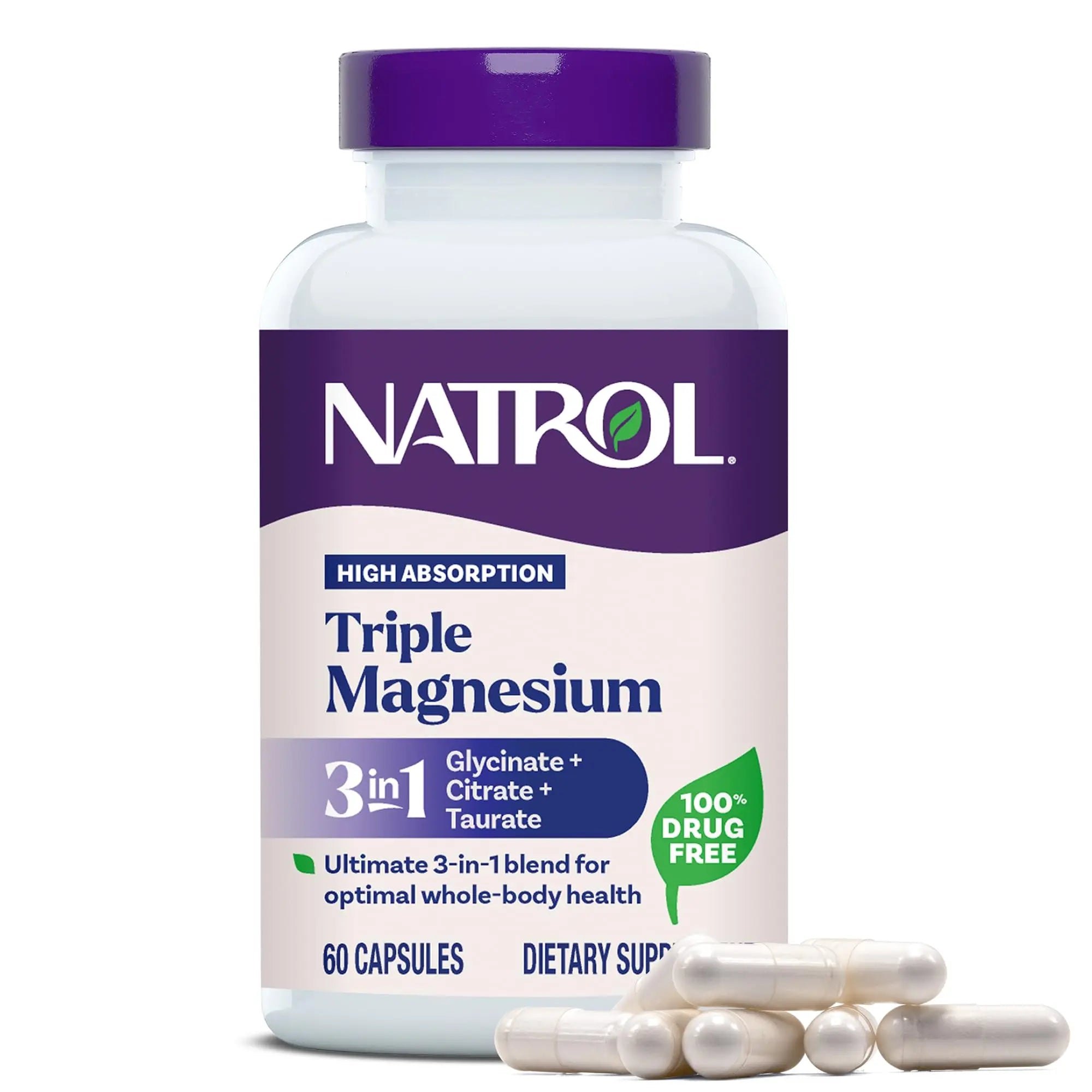 Natrol Triple Magnesium Complex Supplement, Glycinate, Citrate & Taurate 200mg High Absorption, Support Whole Body Wellness, 60 Capsules NatrolAu supplements