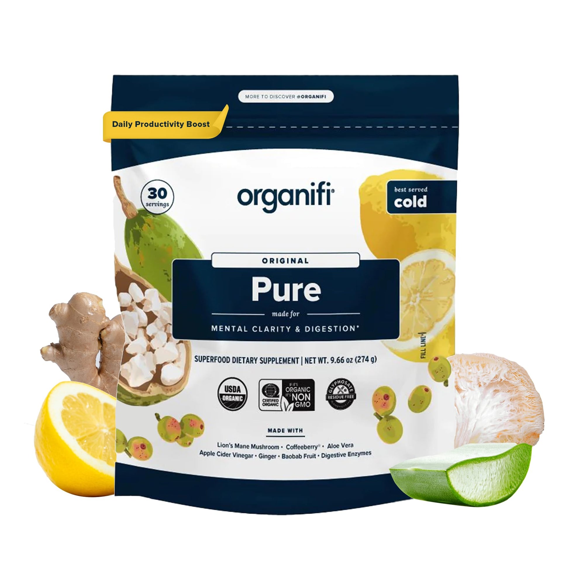 Organifi Pure - Promotes Stimulation in Learning, Memory, Focus, and Clarity - Brain Support with Superfoods - Gluten-Free and Non GMO - Best Served Cold, 30 Servings OrganifiAu supplements
