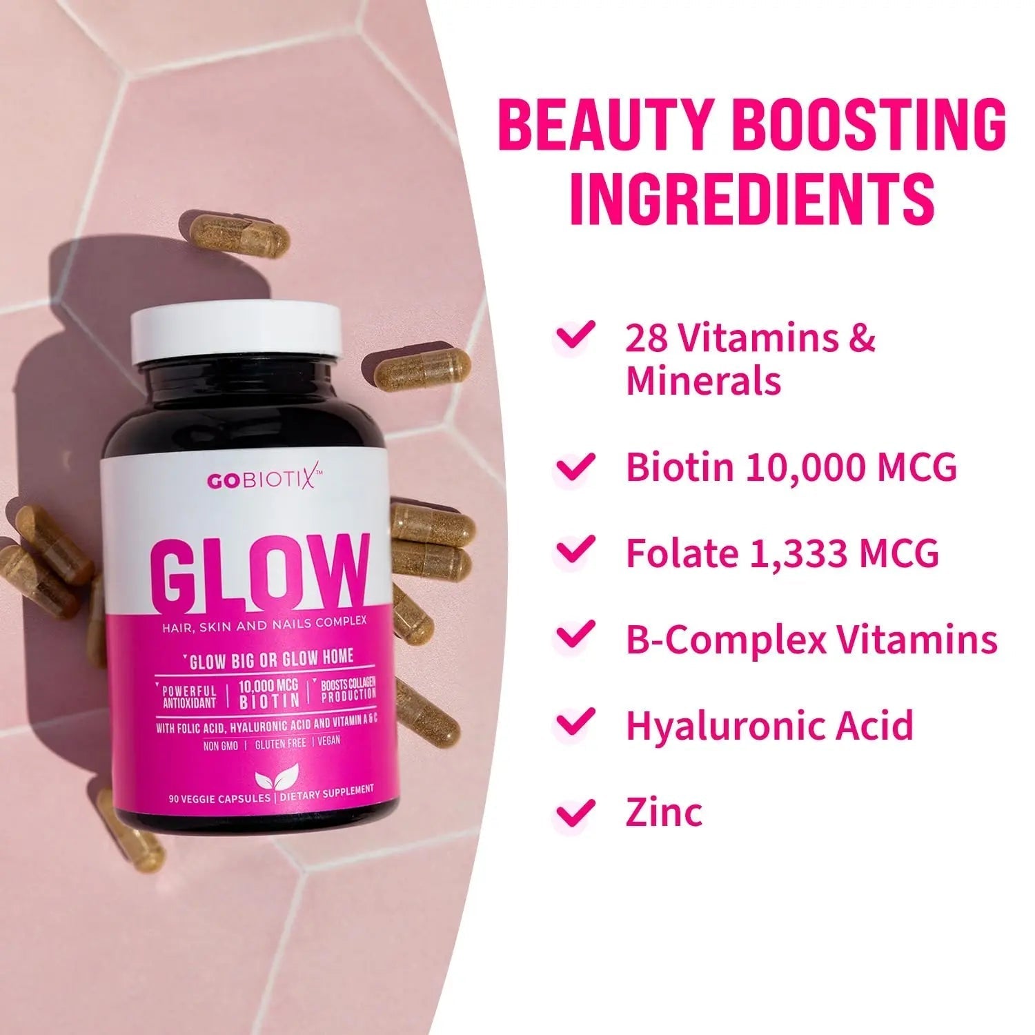 GOBIOTIX Hair Skin and Nails Vitamin Supplement - 10000mcg Biotin Pills with Hyaluronic Acid, Folate, Iron, Magnesium, and Zinc GOBIOTIXAu supplements