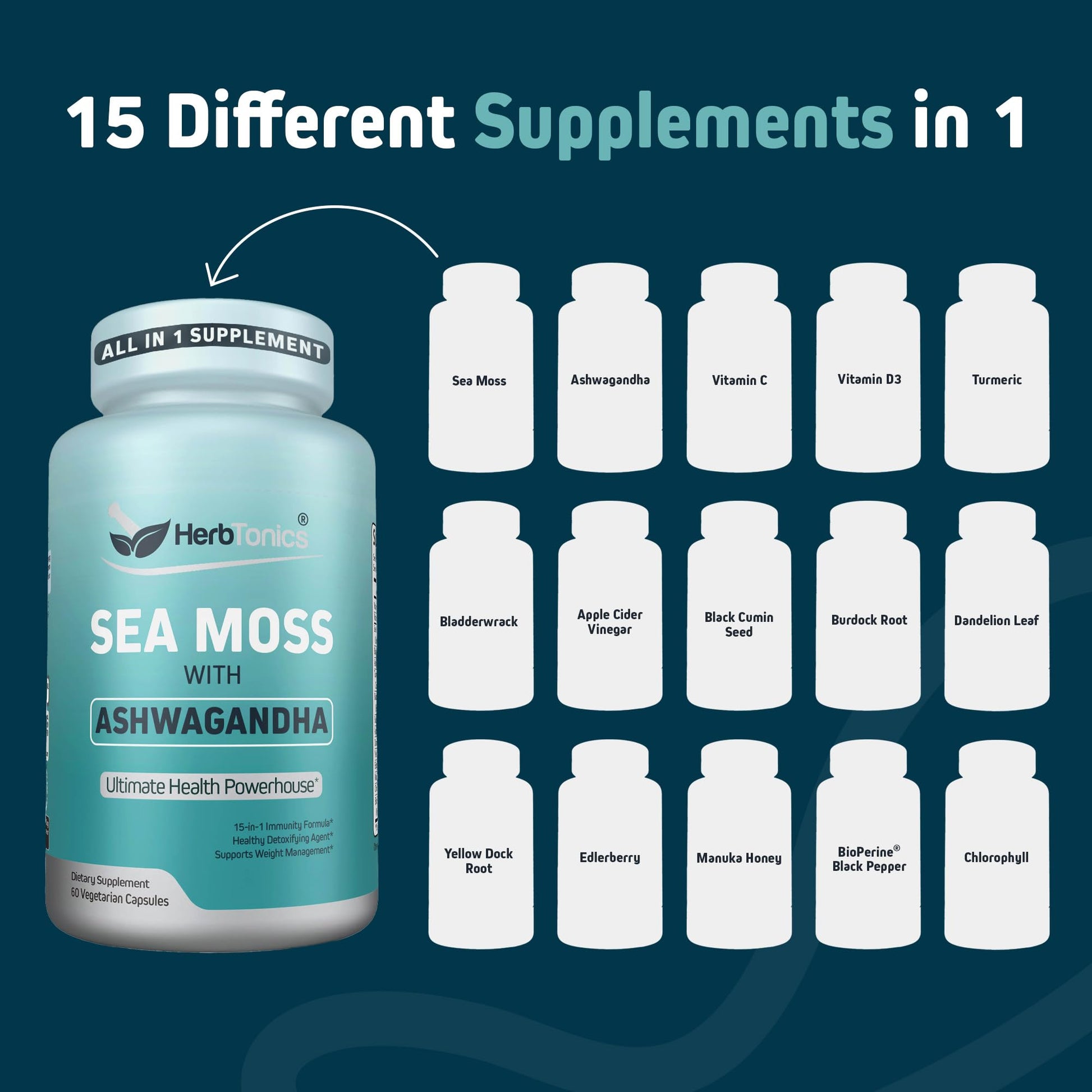 Herbtonics Sea Moss, Black Cumin Seed, Ashwagandha, Burdock Root & ACV Complex | Manage Immunity, Stress & Digestion Support | 60 Capsules (2 Capsules Per Serving) HerbtonicsAu supplements