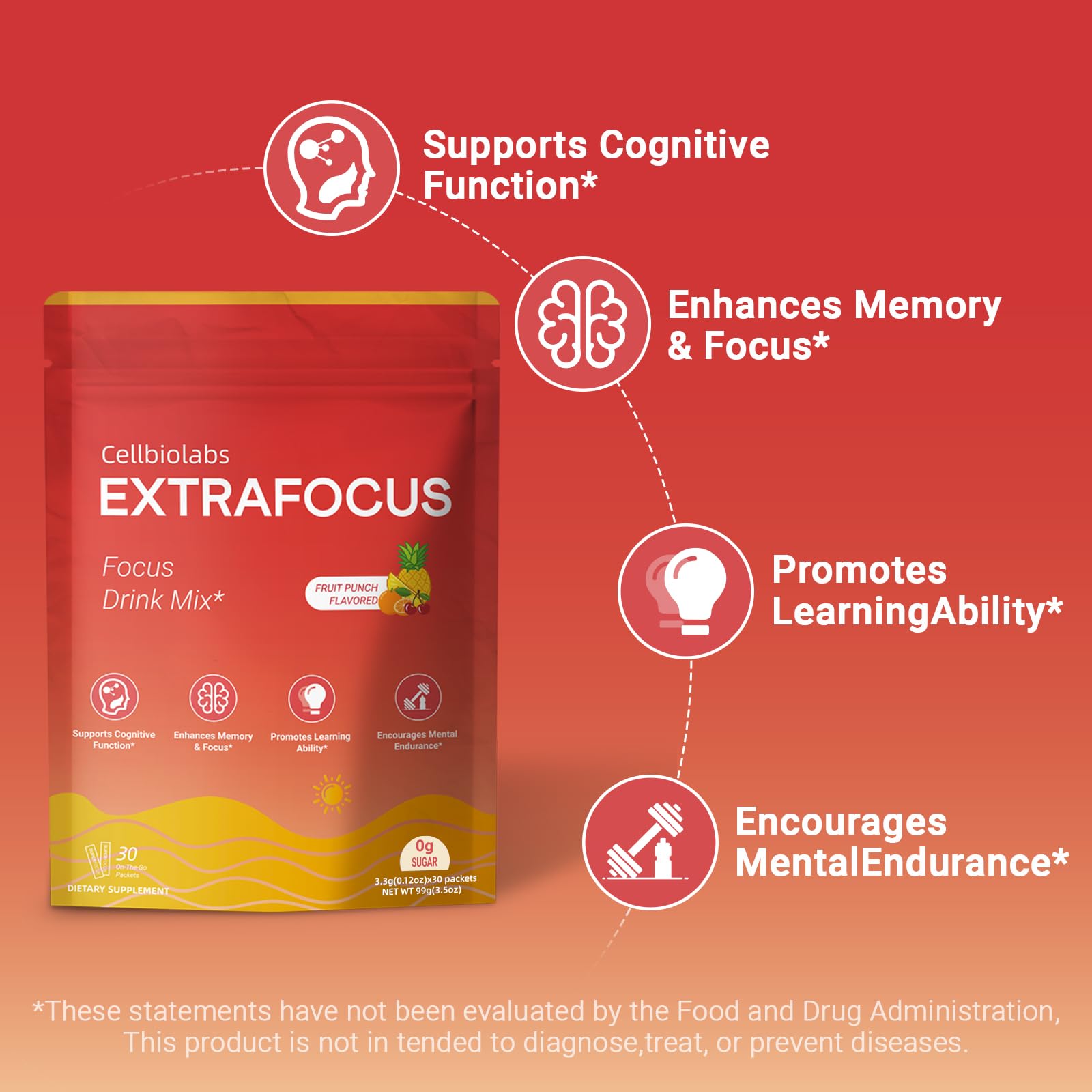 Nootropic Extra Focus Drink Mix, 30 Packs On-The-Go Sticks, Featuring Alpha-GPC, Lion's Mane & Rhodiola, Sugar-Free Packets Fruit Punch Clean Drink Mix CellbiolabsAu supplements