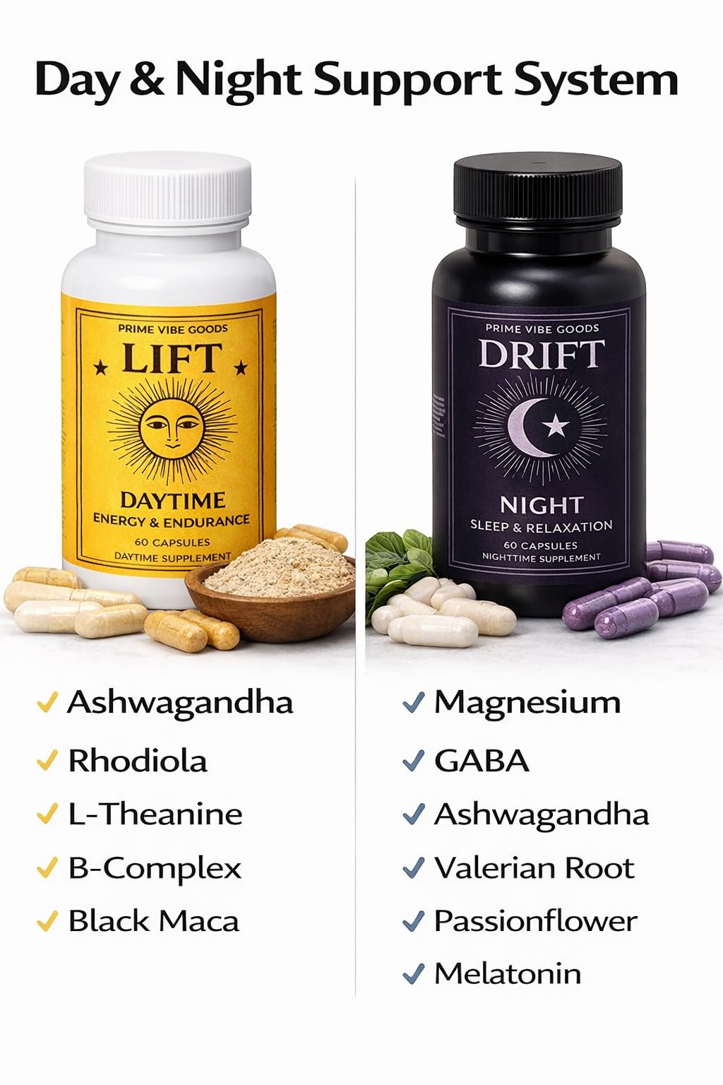 Prime Vibe Goods Lift & Drift – Energy & Stress Support Supplement – Adaptogens for Focus, Relaxation & Sleep – Ashwagandha, Magnesium, Rhodiola, GABA, Maca – Vegan (2-Pack, 120 Capsules) Prime Vibe GoodsAu supplements