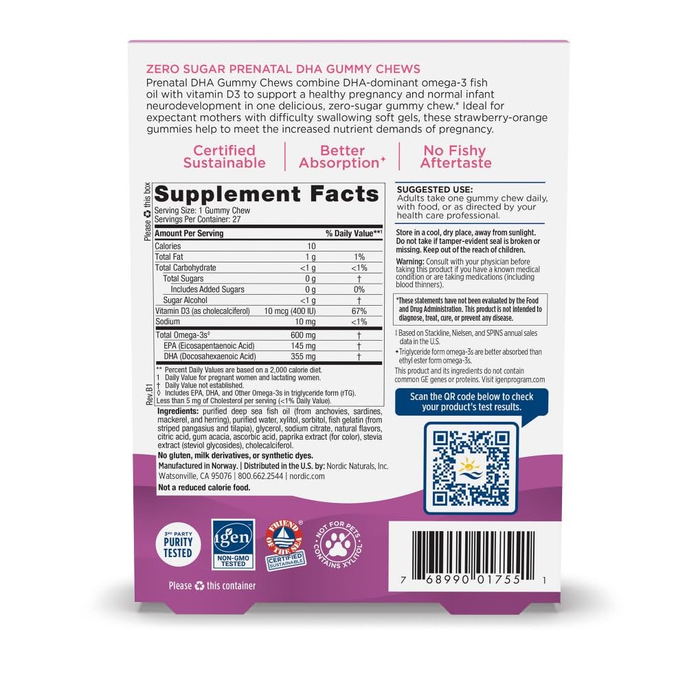 Nordic Naturals Zero Sugar DHA Prenatal Vitamin Gummies, Strawberry Orange Flavor - 27 Gummies - Supplements for Pregnancy - 600 mg Omega-3 Fish Oil and 400 IU Vitamin D3-27 Servings Nordic NaturalsAu supplements