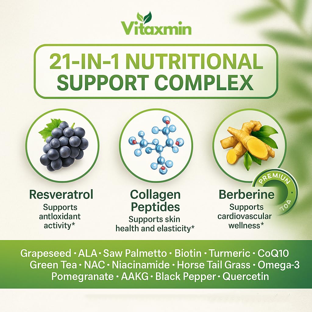 vitaxmin NAD Resveratrol Supplement 200mg with Berberine NAC Collagen - Nicotinamide Riboside NMN NADH CoQ10 Biotin Hyaluronic Acid - Hair Skin Nails Supplement - 60 Capsules vitaxminAu supplements