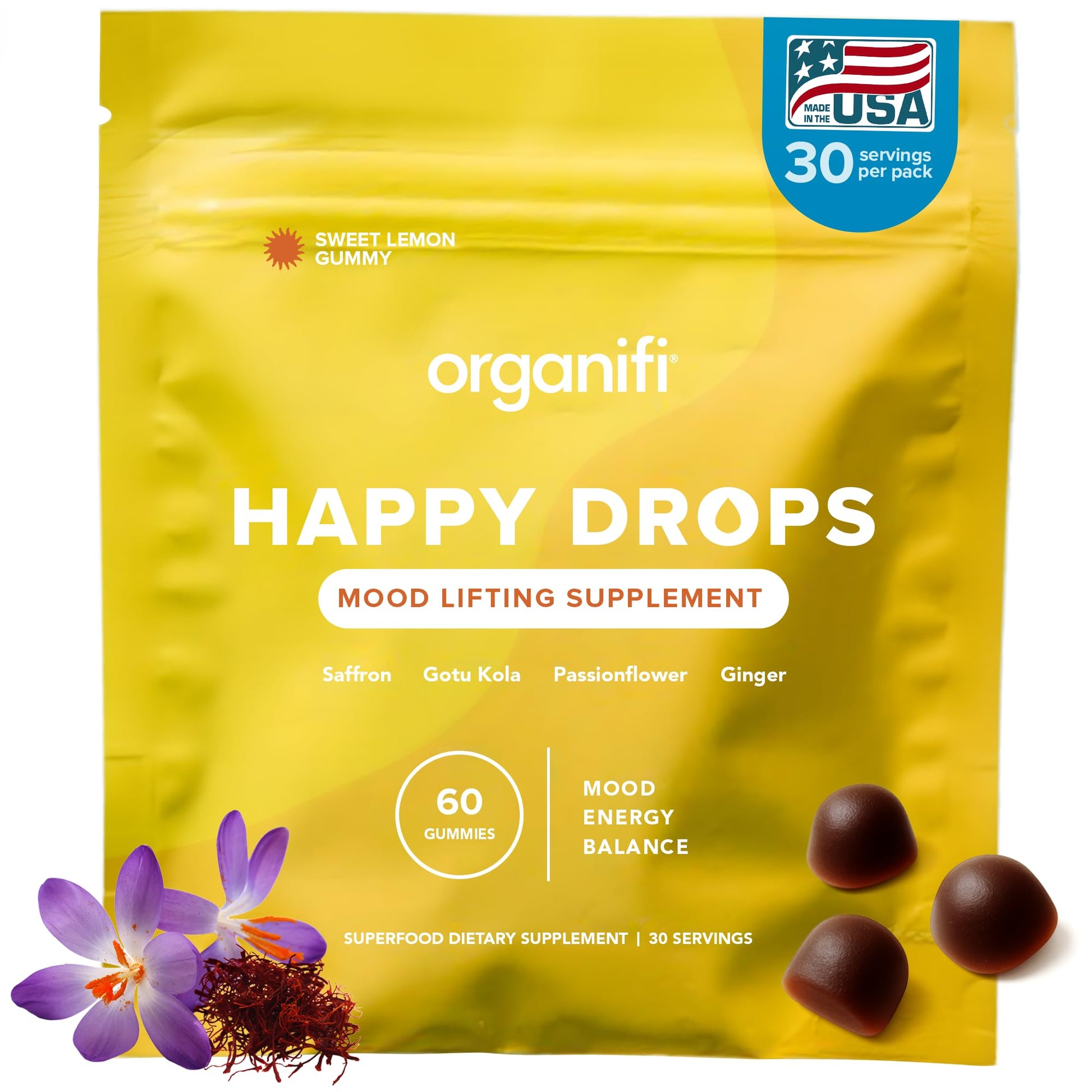 Organifi Happy Drops - Daily Superfood Happy Gummies for Adults - Mood Support Supplement for Balance, Bliss, Energy and Taking the Edge Off - Sweet Lemon Flavor - 60 Gummies OrganifiAu supplements