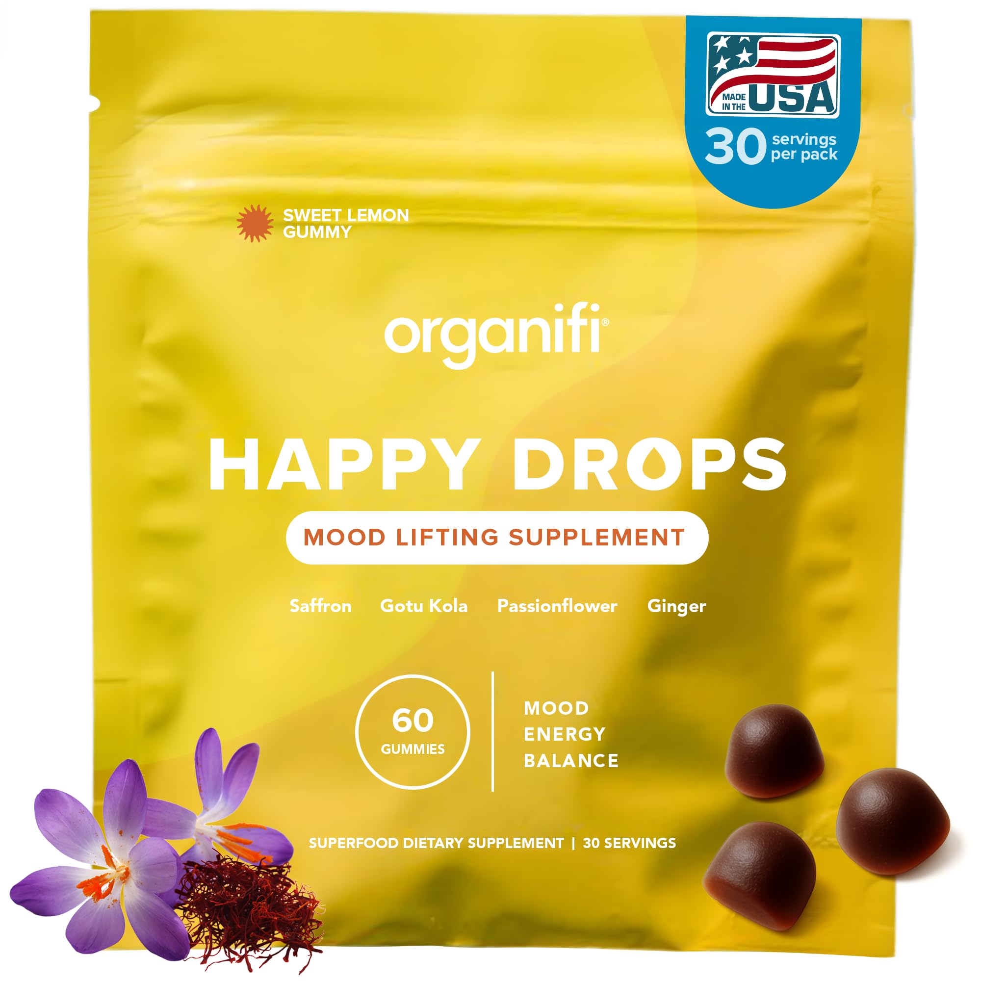 Organifi Happy Drops - Daily Superfood Happy Gummies for Adults - Mood Support Supplement for Balance, Bliss, Energy and Taking the Edge Off - Sweet Lemon Flavor - 60 Gummies OrganifiAu supplements