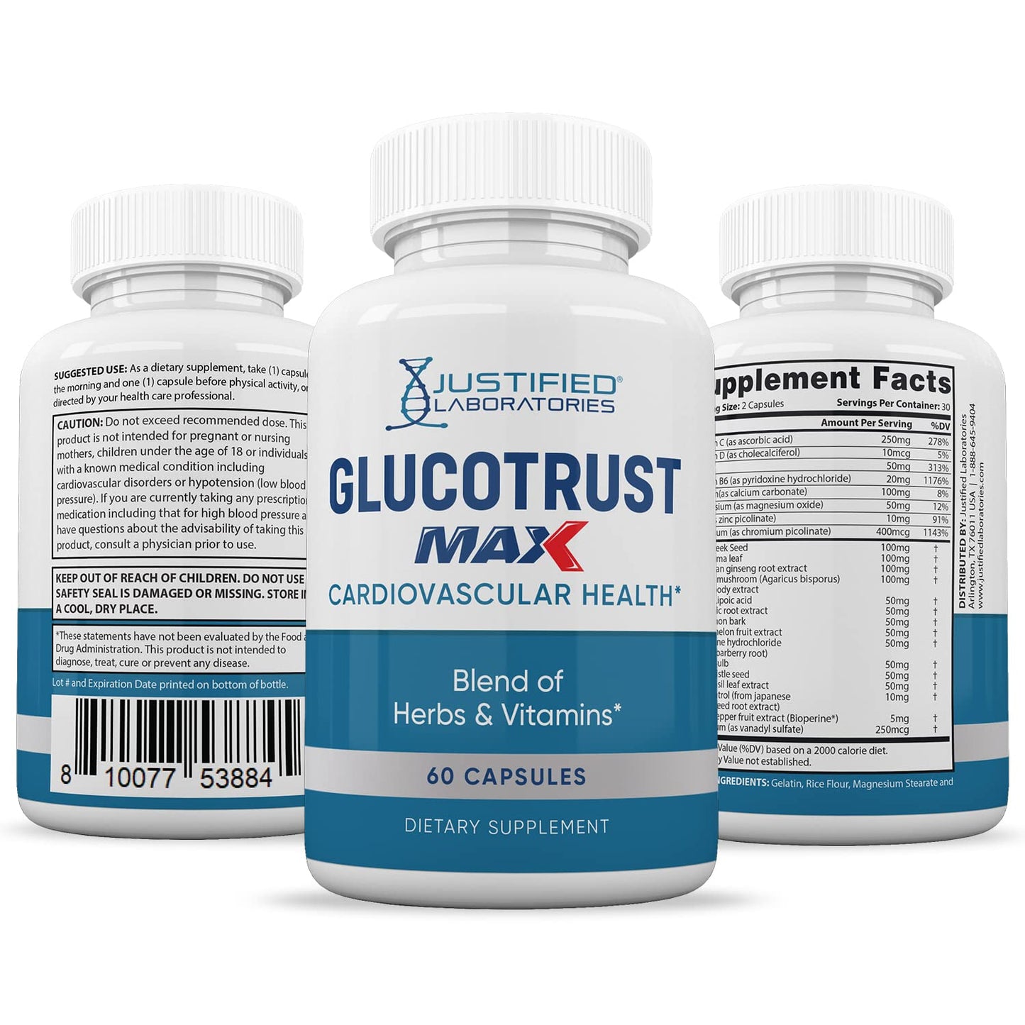 Justified Laboratories (5 Pack) Glucotrust Max 1295MG Formula Supplement Pills 300 cap Justified LaboratoriesUS supplements