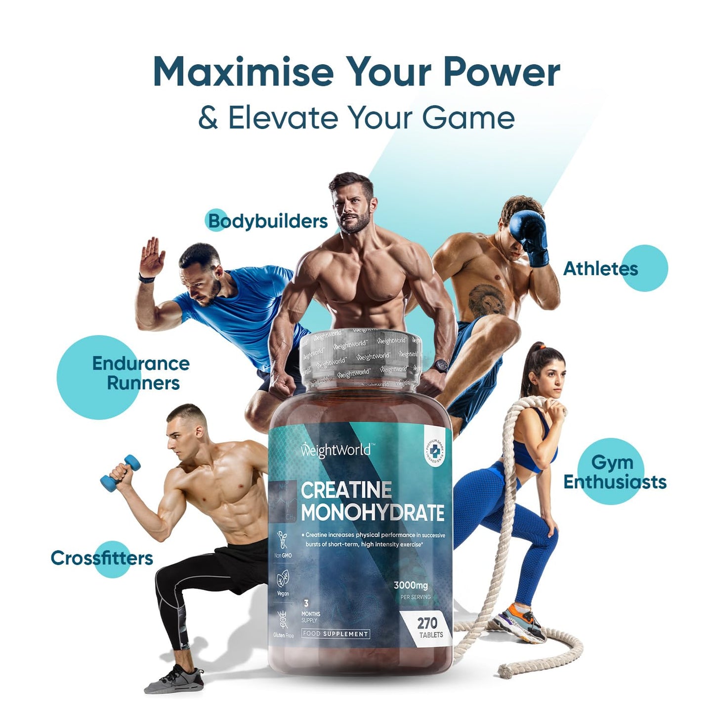 Creatine Monohydrate 3000mg - 270 Tablets - Gym Energy Supplement for Men & Women WeightWorldUS supplements