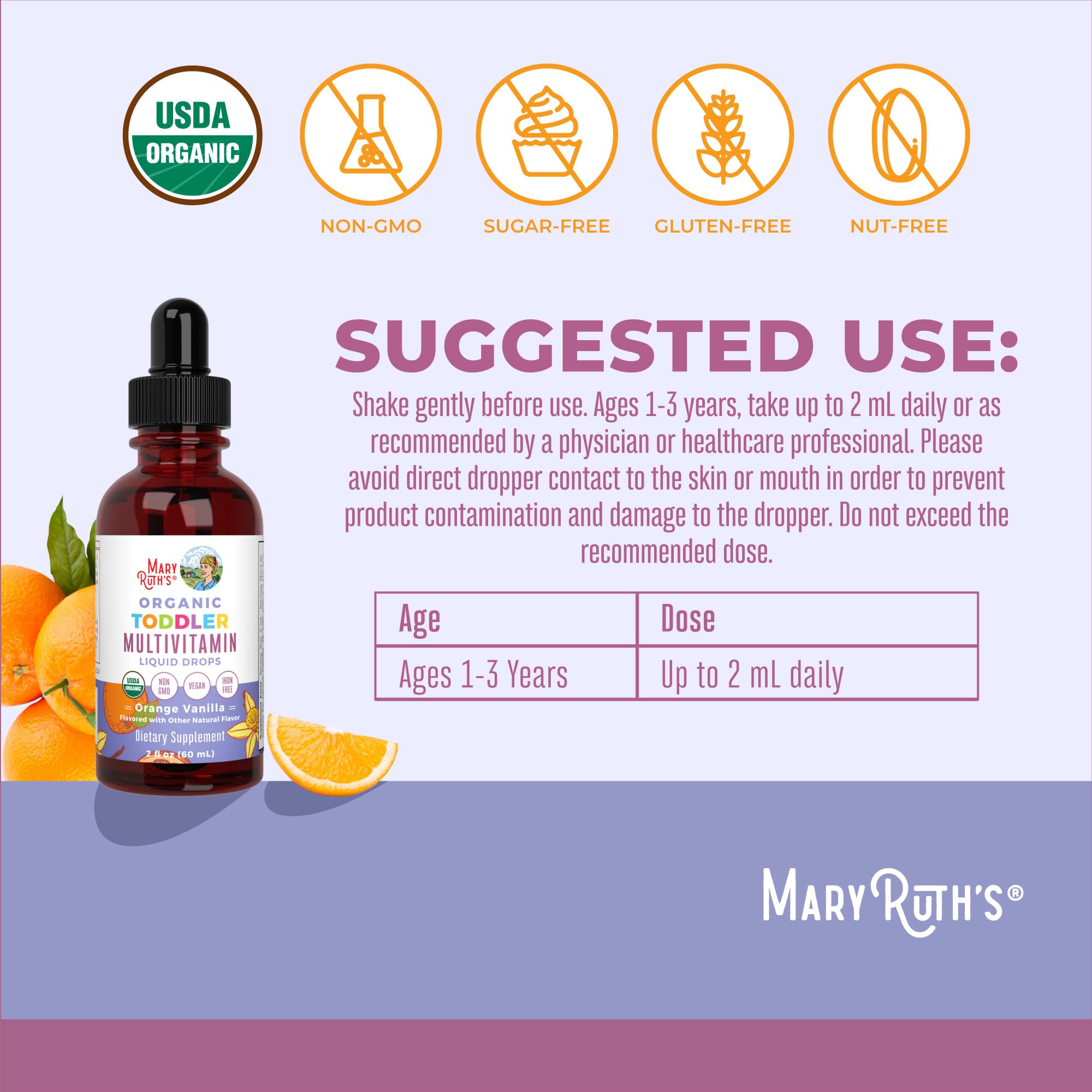 MaryRuth's Toddler Multivitamin | Vitamin A C D E B6 B12 Zinc | Healthy Growth Support | Immunity | Bone Health | Cognitive Function | Organic | Sugar Free | Vegan | Non-GMO | 2 Fl Oz | 30 Day Supply MARYRUTH'SAu supplements