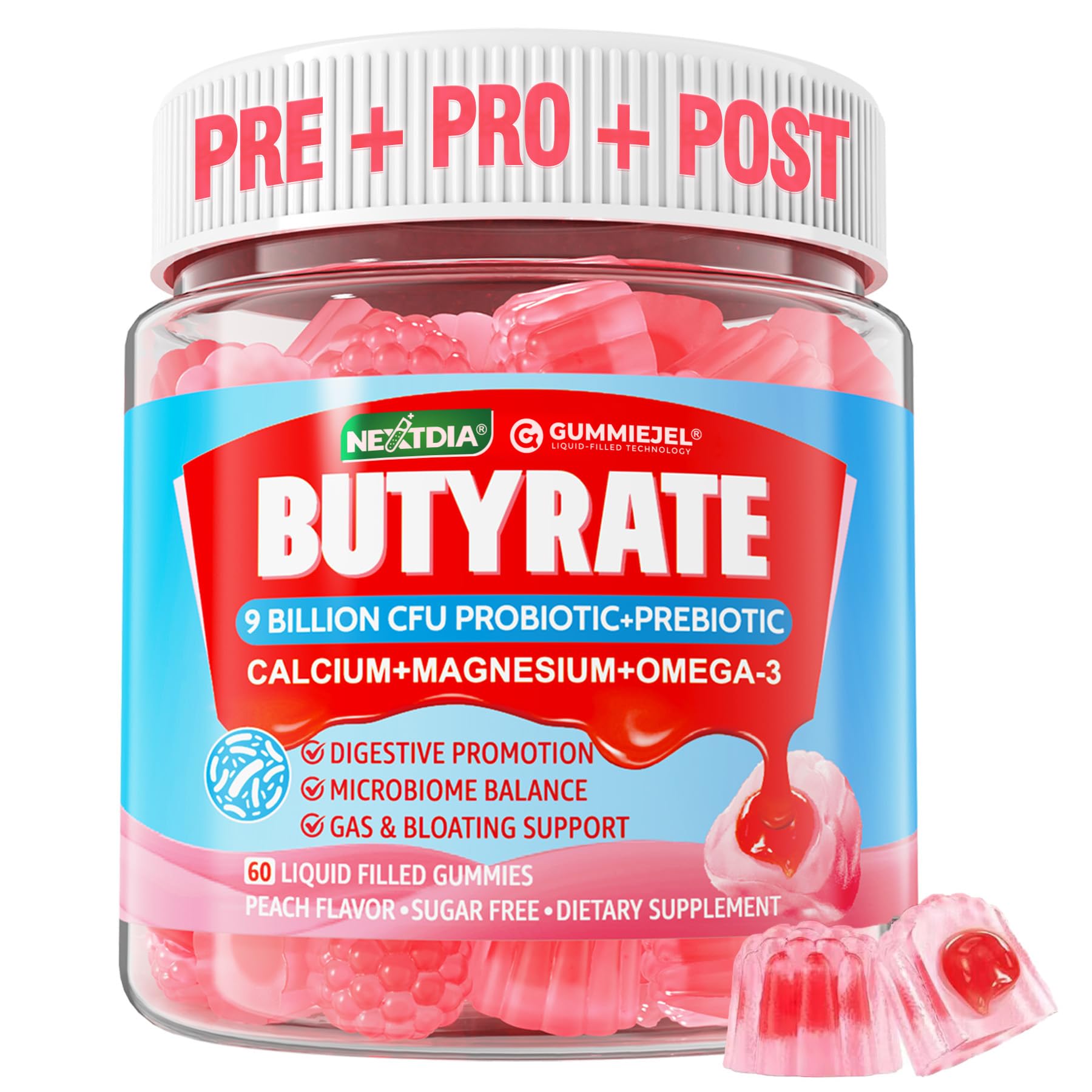 Butyrate Gummies with Probiotic + Prebiotic + Postbiotic, Omega-3 500mg,Fiber with 9 Billion CFU Probiotics, Calcium & Magnesium, Inulin,Psyllium Husk for Digestive Health,Bloating Support,Sugar Free NextdiaAu supplements