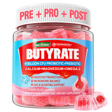 Butyrate Gummies with Probiotic + Prebiotic + Postbiotic, Omega-3 500mg,Fiber with 9 Billion CFU Probiotics, Calcium & Magnesium, Inulin,Psyllium Husk for Digestive Health,Bloating Support,Sugar Free NextdiaAu supplements