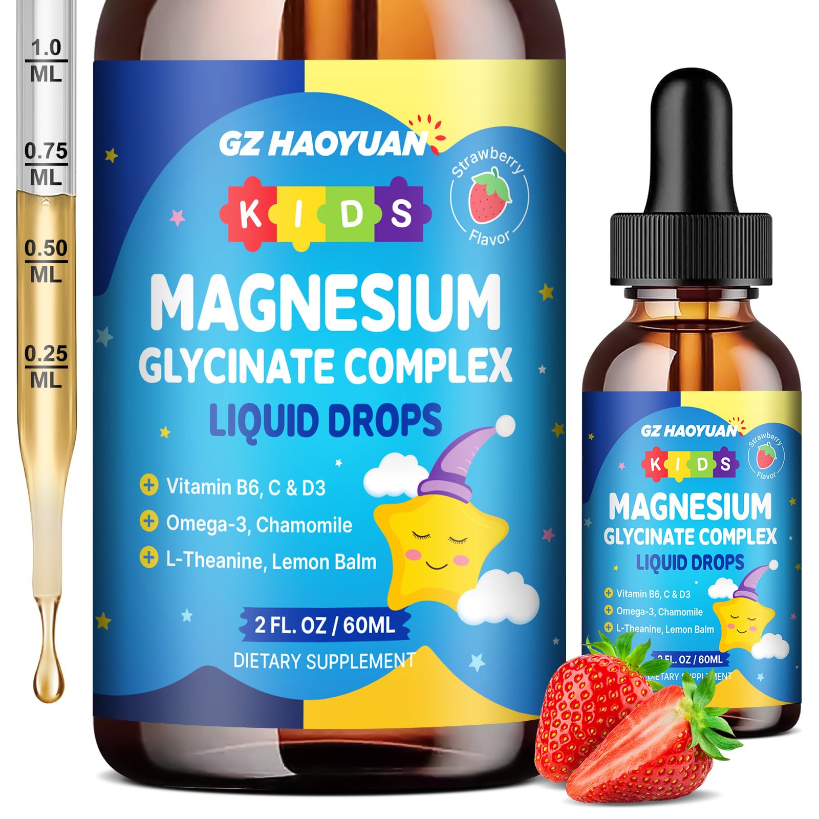 Kids Magnesium Glycinate Liquid Drops‌ – with L-Theanine, Omega-3, Vitamins B6 & D3, Zinc & Calcium – for Sleep Support, Relaxation, Focus & Brain, Bones – Strawberry Flavor, 2 Fl Oz GZ HAOYUANAu supplements