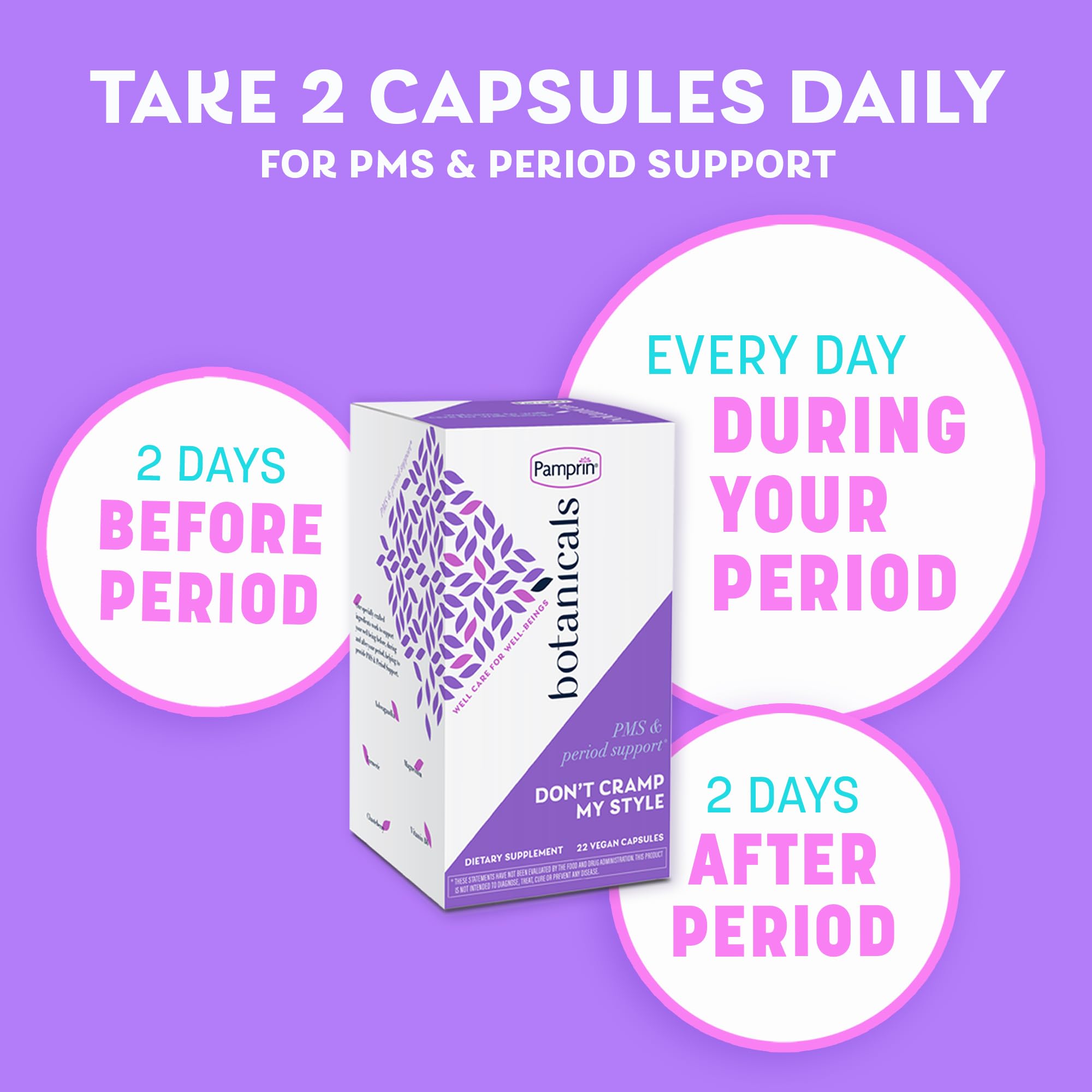 Pamprin Botanicals Supplement for PMS & Period Support, with Ashwagandha, Magnesium, Turmeric, Vitamin B6, Chasteberry, 22 Count PamprinAu supplements