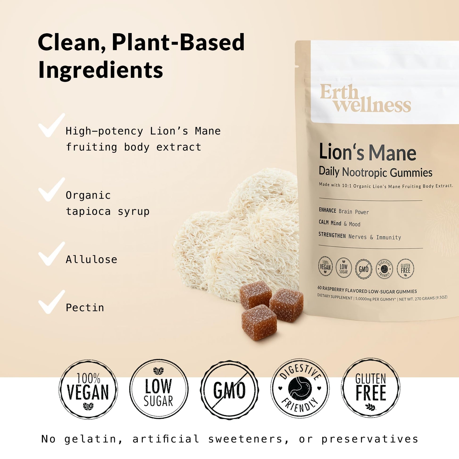 Erth Wellness Lion’s Mane Mushroom Gummies – 10,000mg Fruiting Body Extract per Serving – Brain & Focus Support – Daily Nootropic – Vegan, Low Sugar, Non-GMO – 60 Ct Erth WellnessAu supplements