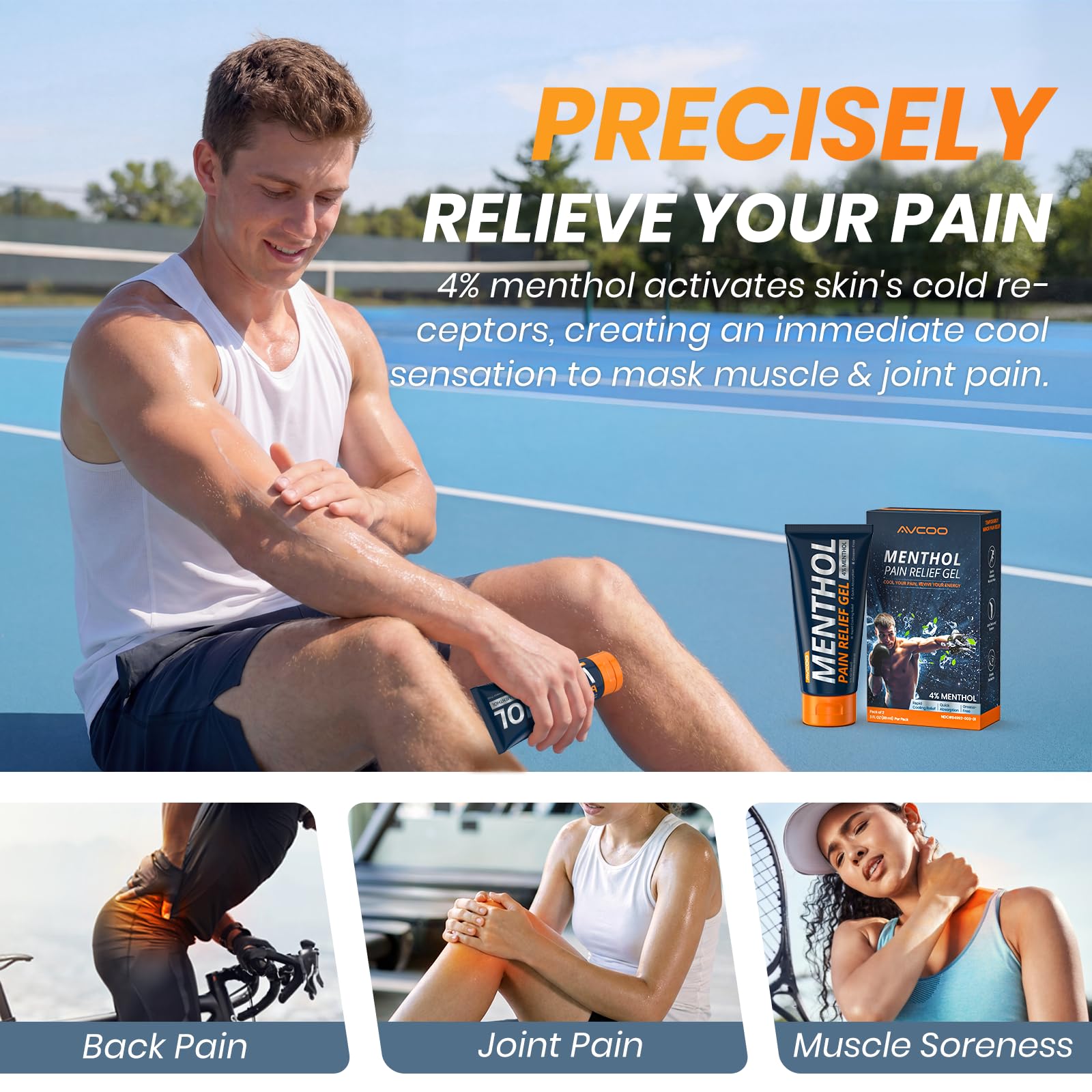 AVCOO 4% Menthol Pain Relief Gel, Cooling Sensation for Arthritis, Knees, Joint, Sore Muscle, Neck, Shoulder and Lower Back Pain Relief, Grease-Free Gel, 2 Packs (3 OZ Per Pack) AVCOOAu supplements