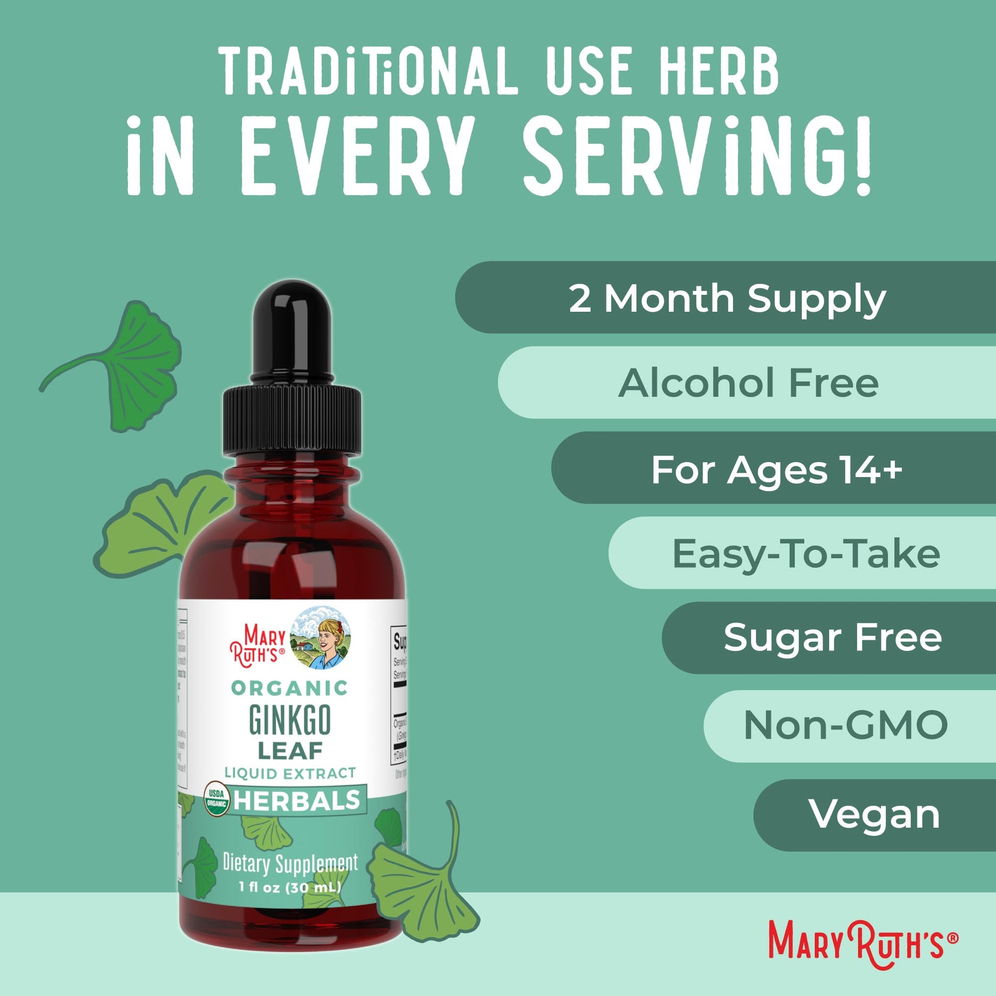 MaryRuth Organics Ginkgo Leaf Liquid Drops | Herbal Supplement | Nootropic | Circulatory System & Nervous System Health | USDA Organic | Non-GMO | Vegan | 60 Servings MARYRUTH'SUS supplements