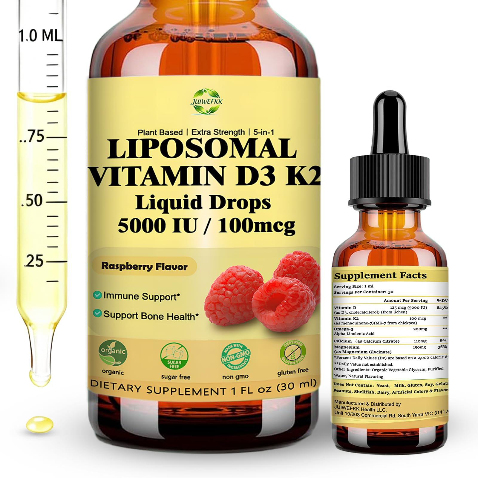 Liquid Vitamin D3 K2 Drops with Calcium Magnesium Omega3, High Potency 5-in-1 D3 K2 Vitamin 5000 IU Supplement for Bone Health, Heart Teeth & Immue, Ultra High Absorption Liposomal D3K2 Plant-Based JUIWEFKKAu supplements
