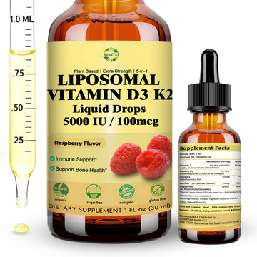 Liquid Vitamin D3 K2 Drops with Calcium Magnesium Omega3, High Potency 5-in-1 D3 K2 Vitamin 5000 IU Supplement for Bone Health, Heart Teeth & Immue, Ultra High Absorption Liposomal D3K2 Plant-Based JUIWEFKKAu supplements
