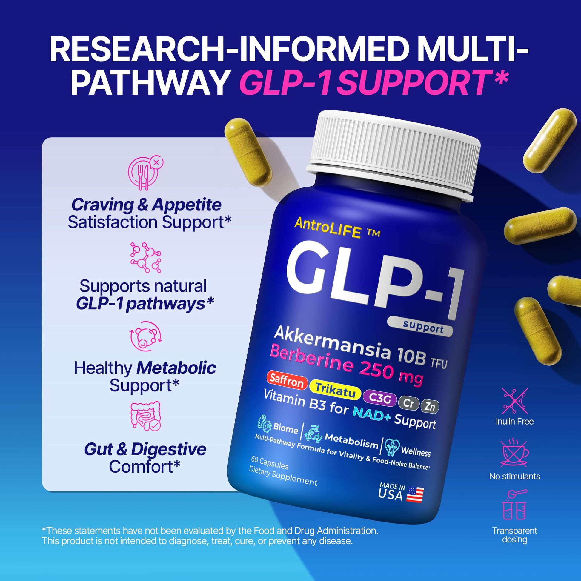 GLP-1 Support – Akkermansia Postbiotic 10B TFU + Berberine HCl 250 mg | 18-Ingredient System | Appetite, Mood & Metabolic Support | Inulin-Free | Saffron, NAD+ Cofactors | 3 Pack | 90-Day Supply ANTROLIFEAu supplements