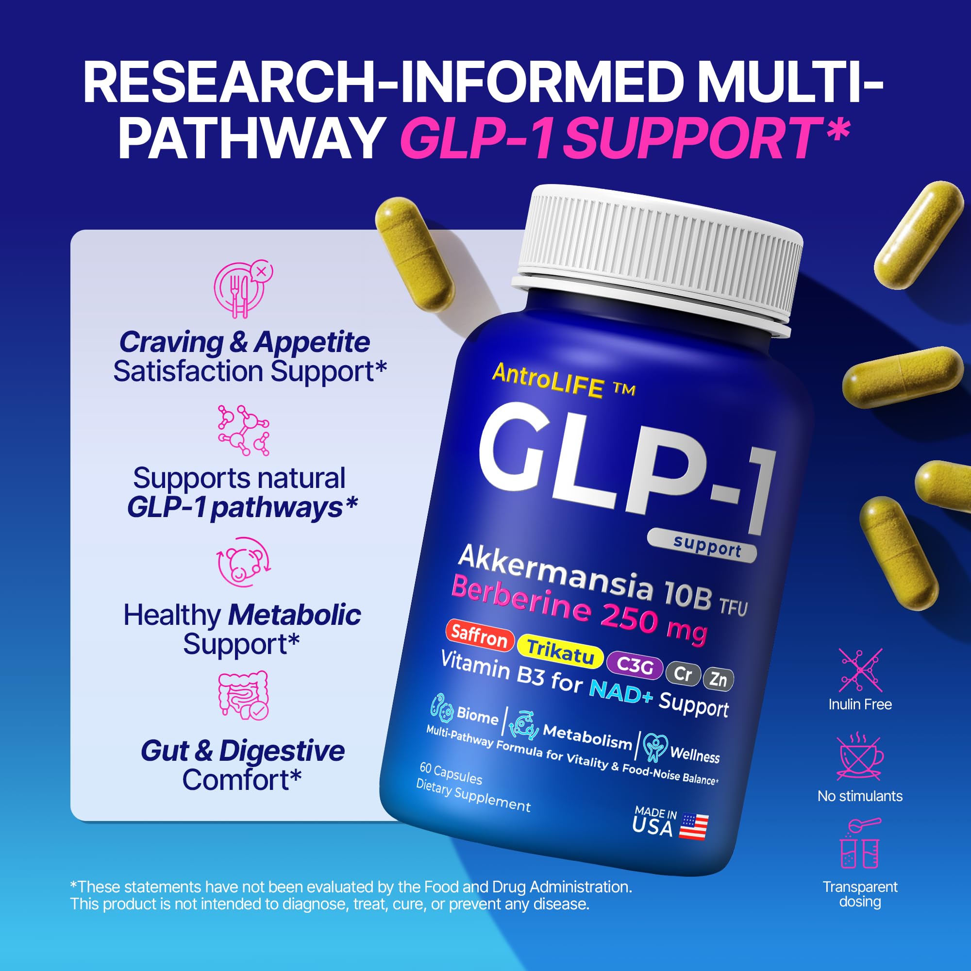 GLP-1 Support – Akkermansia Postbiotic 10B TFU + Berberine HCl 250 mg | 18-Ingredient System | Appetite, Mood & Metabolic Support | Inulin-Free | Saffron, NAD+ Cofactors | 3 Pack | 90-Day Supply ANTROLIFEAu supplements